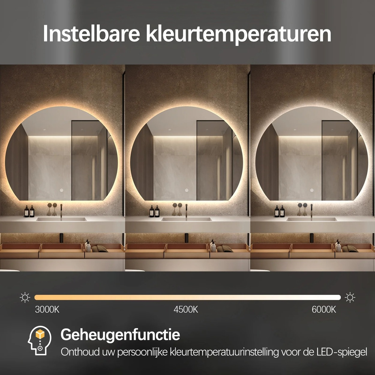 Drie spiegels tonen verschillende lichttemperaturen, van warm wit tot koel wit.