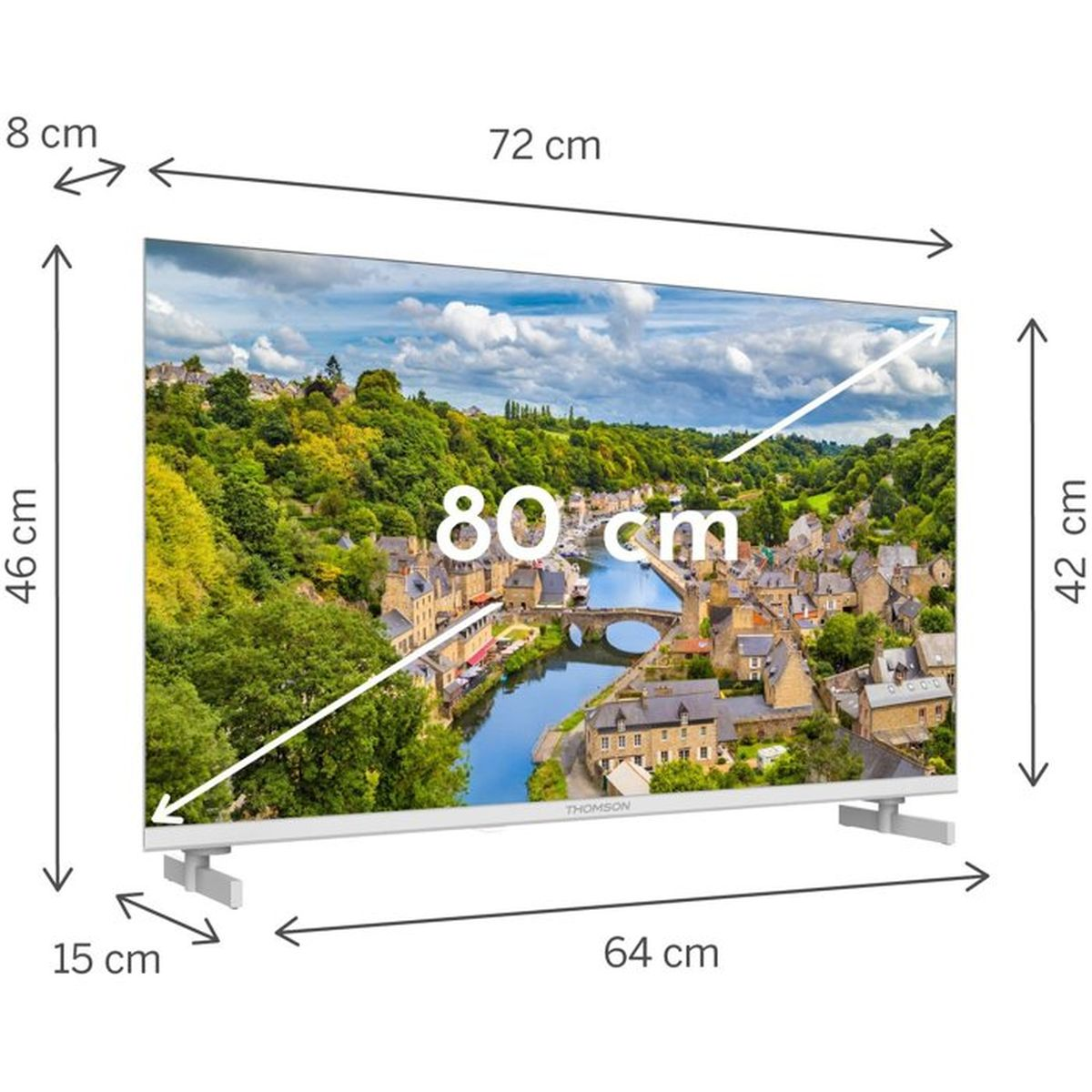 Una TV Thomson con dimensioni 72x42cm e diagonale schermo 80cm.