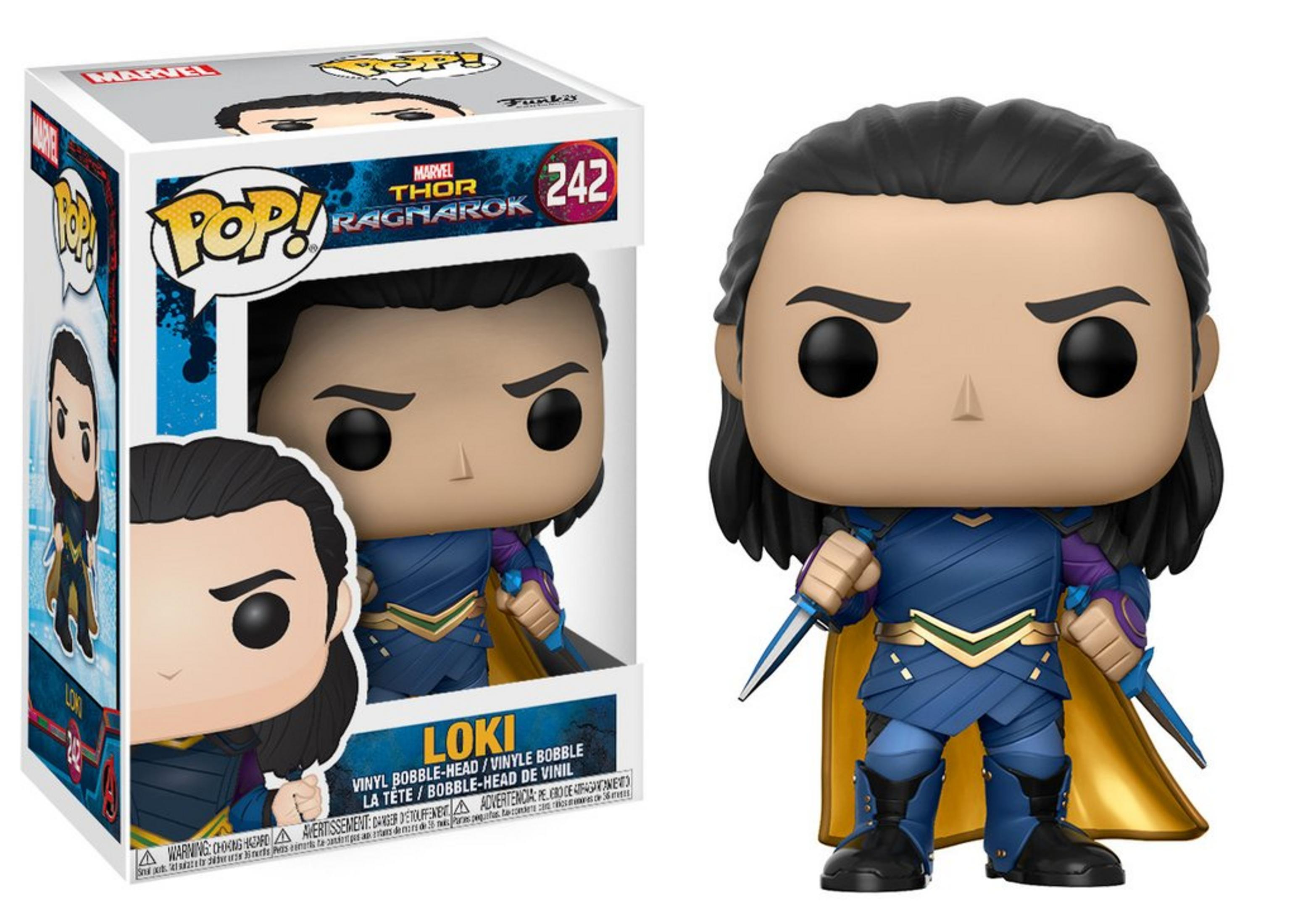 Funko Pop! Loki-Figur aus Thor: Ragnarok mit Dolchen und goldenem Umhang.
