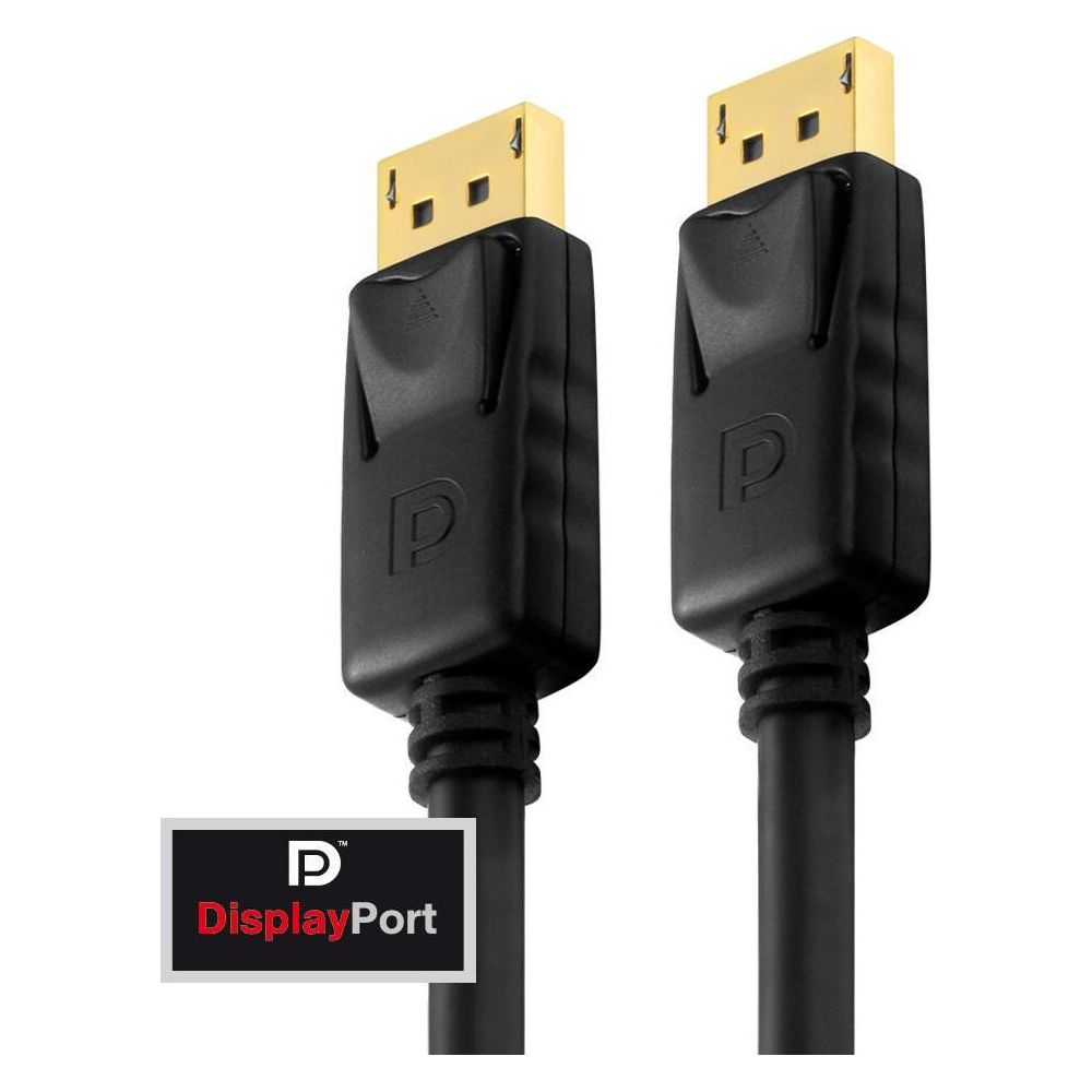 Zwei schwarze DisplayPort-Kabel mit goldenen Anschlüssen auf weißem Hintergrund.