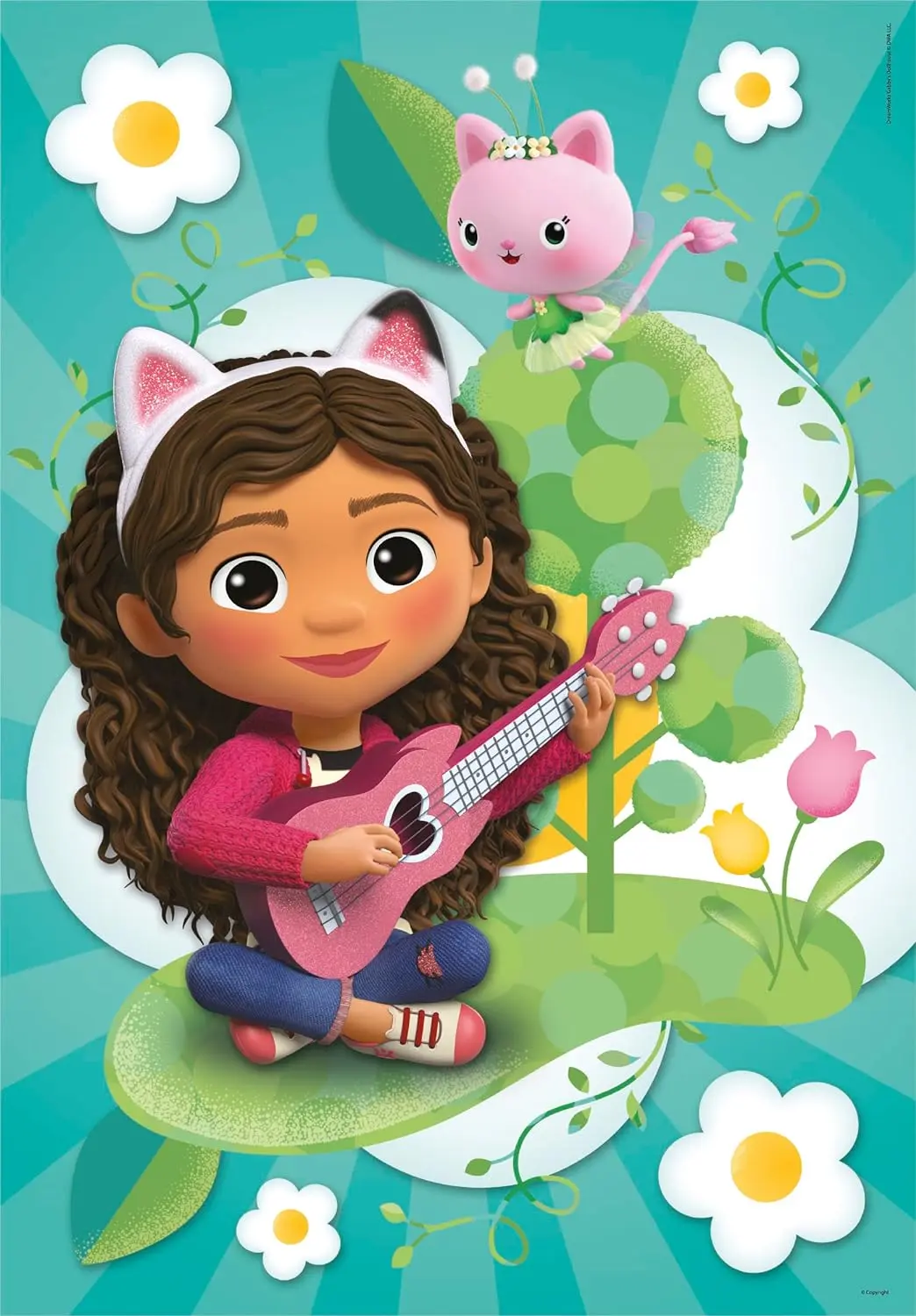 Mädchen mit Katzenohren spielt Gitarre, kleine Katze schwebt daneben.