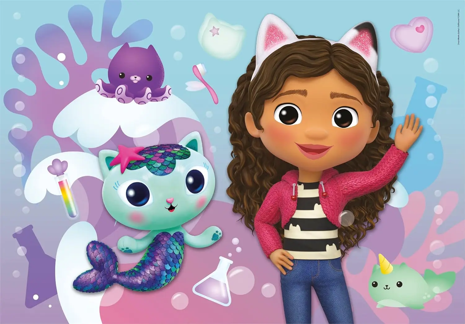 Mädchen mit Katzenohren und Meerjungfrauenkatze, mit lila Oktopus und Narwal.