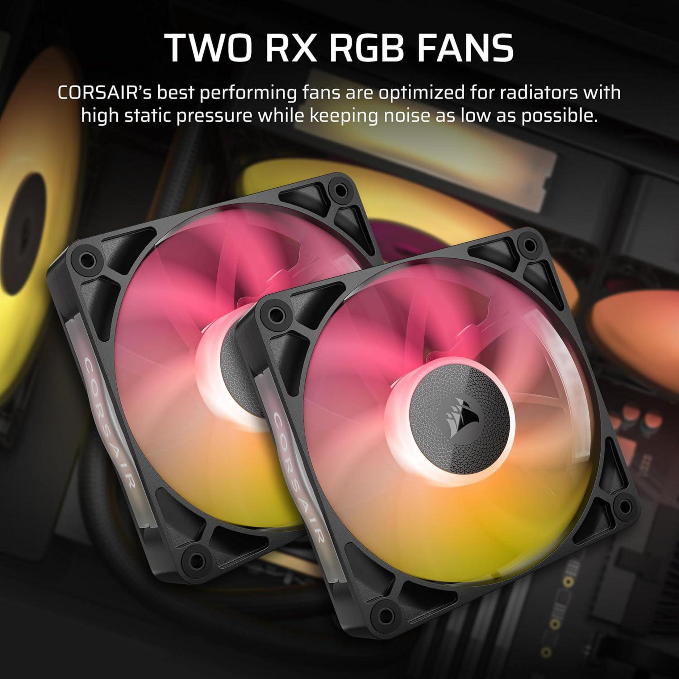 Twee Corsair RGB-ventilatoren met roze-gele gloed op donkere achtergrond.