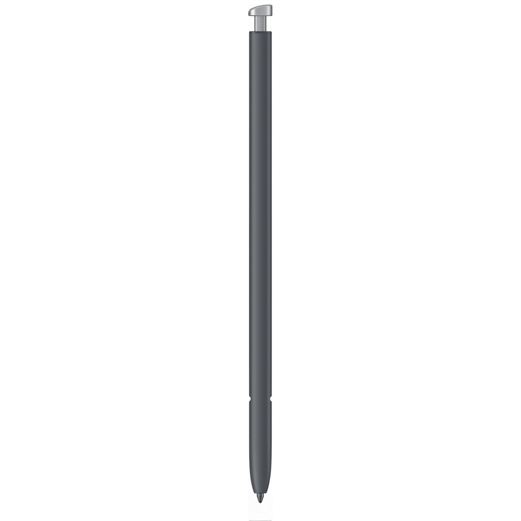 Uno stilo grigio scuro con punta argentata posato verticalmente su sfondo bianco.