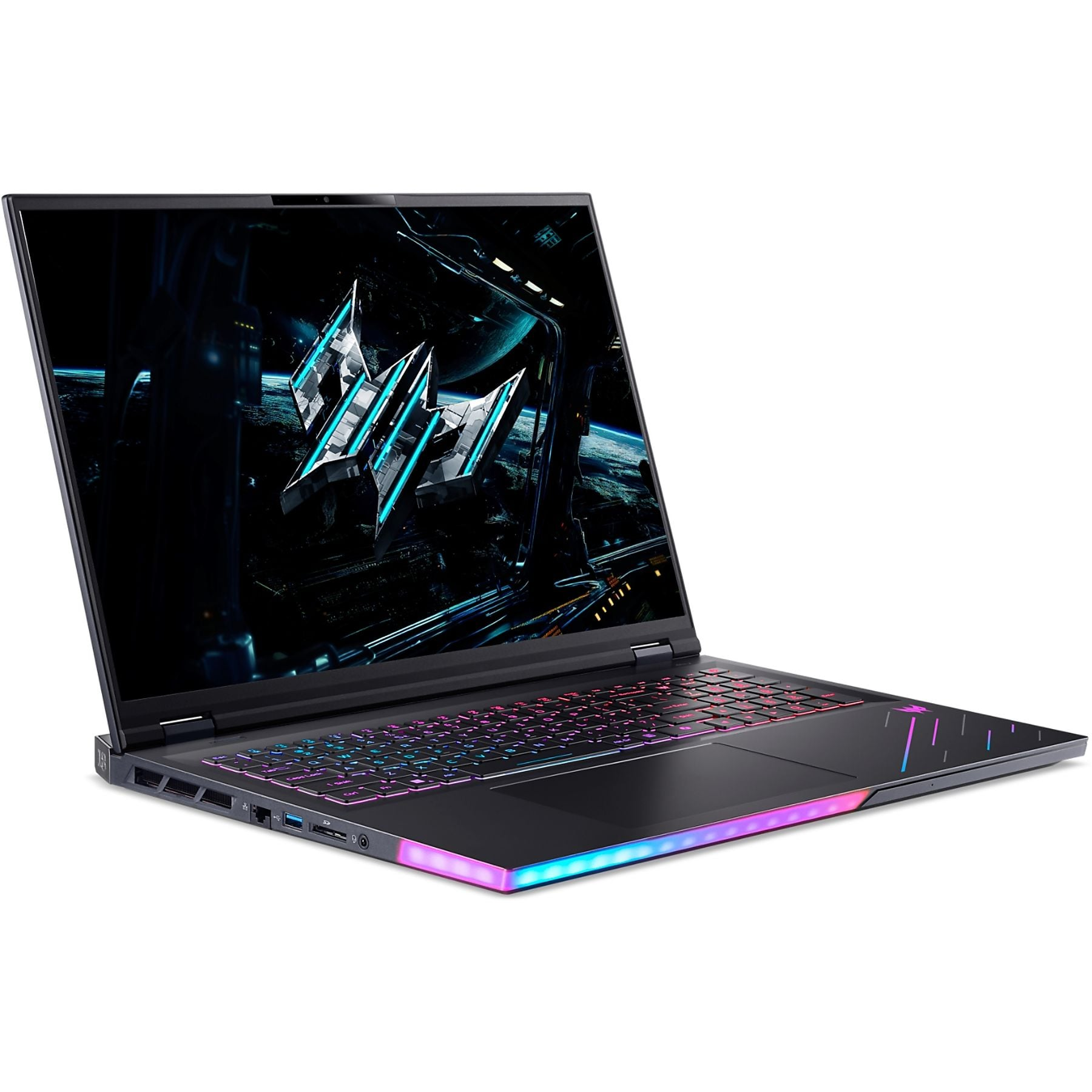 Laptop da gaming nero con tastiera illuminata e sfondo futuristico.
