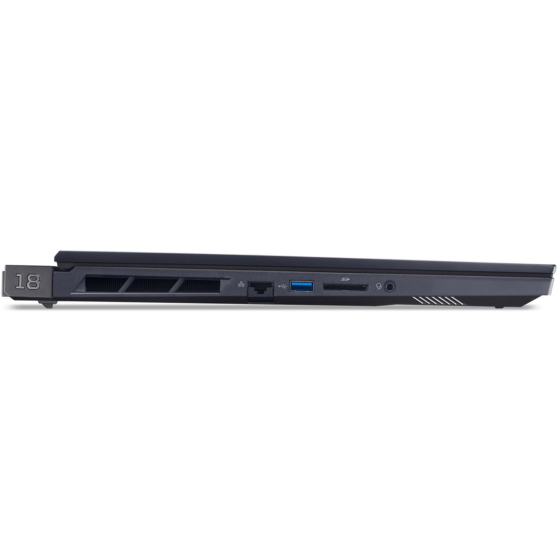 Vista laterale di un laptop nero con porte e fessure di ventilazione.