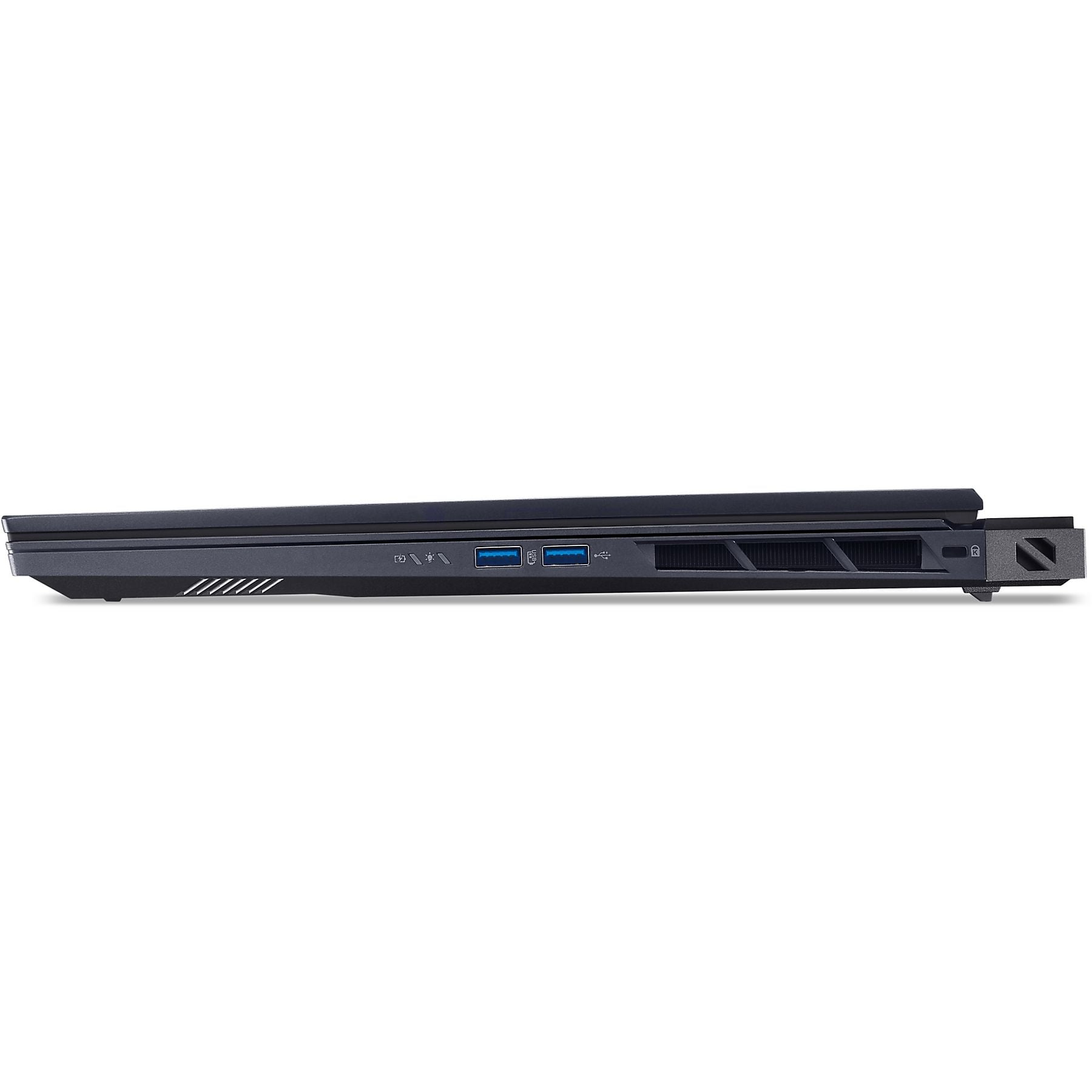 Lato di un laptop nero con porte USB e prese d'aria.