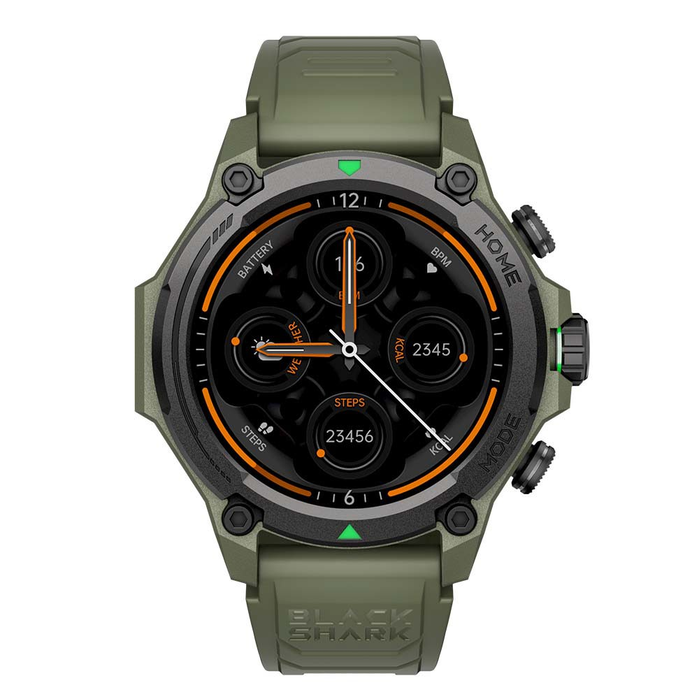 Reloj inteligente verde con esfera negra que muestra pasos, calorías y ritmo cardíaco.