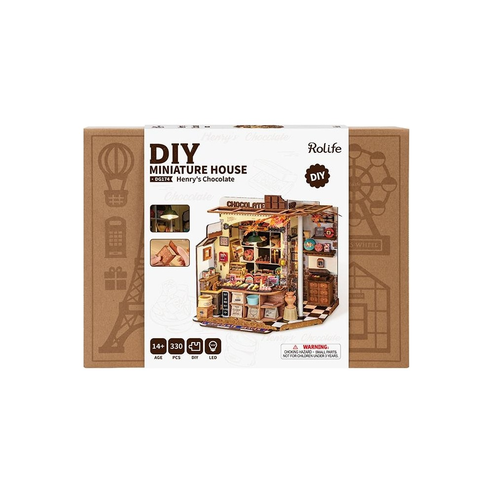 Rolife Kendin Yap Mini Ev Henry's Chocolate, detaylı çikolata dükkanı sahnesiyle.