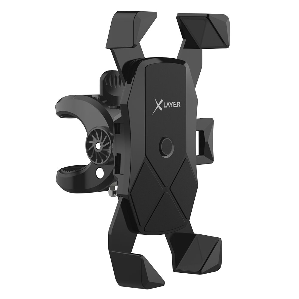 Ein schwarzer Handyhalter mit dem Logo XLAYER ist auf weißem Hintergrund.