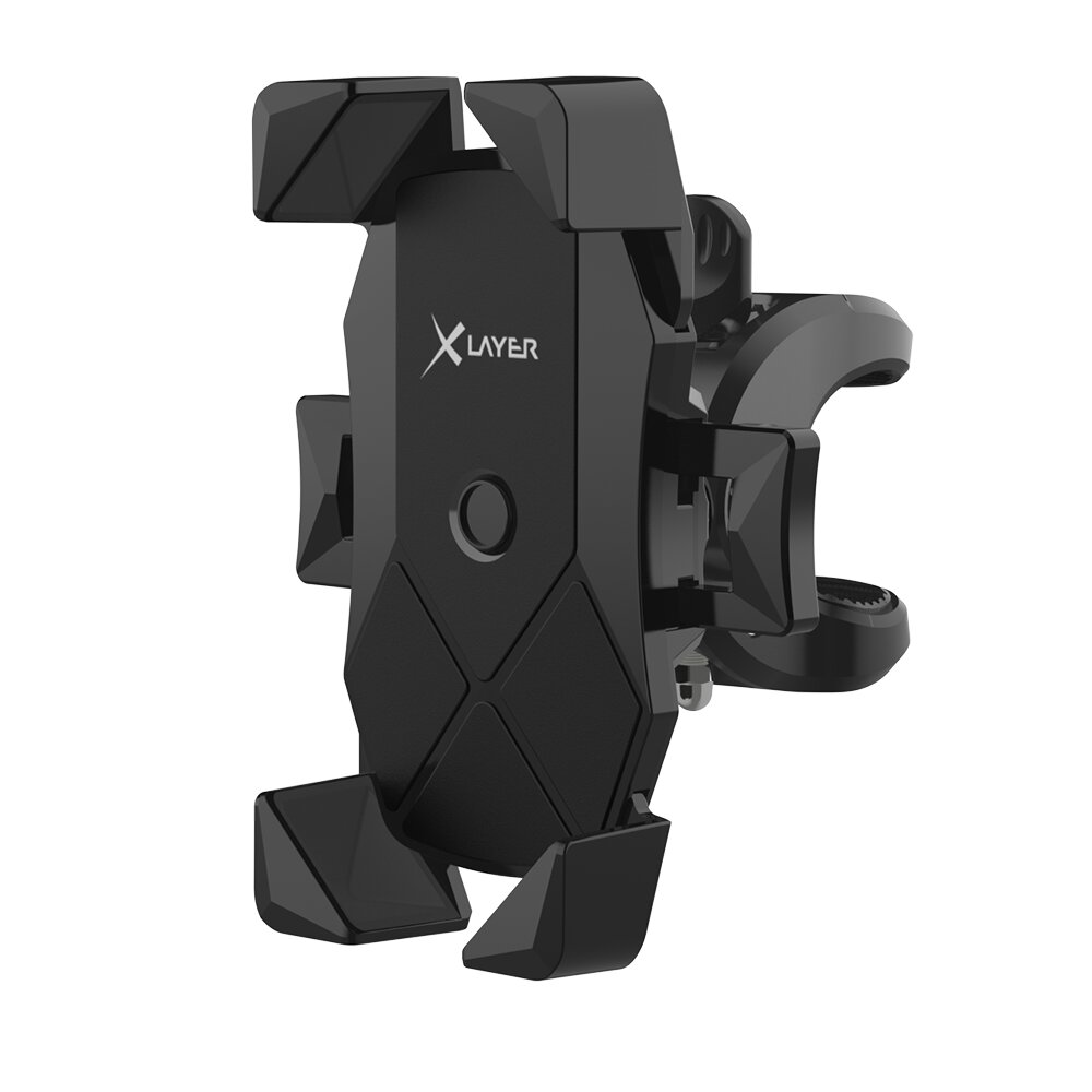Ein schwarzer Handyhalter mit dem Logo "X LAYER" auf weißem Hintergrund.