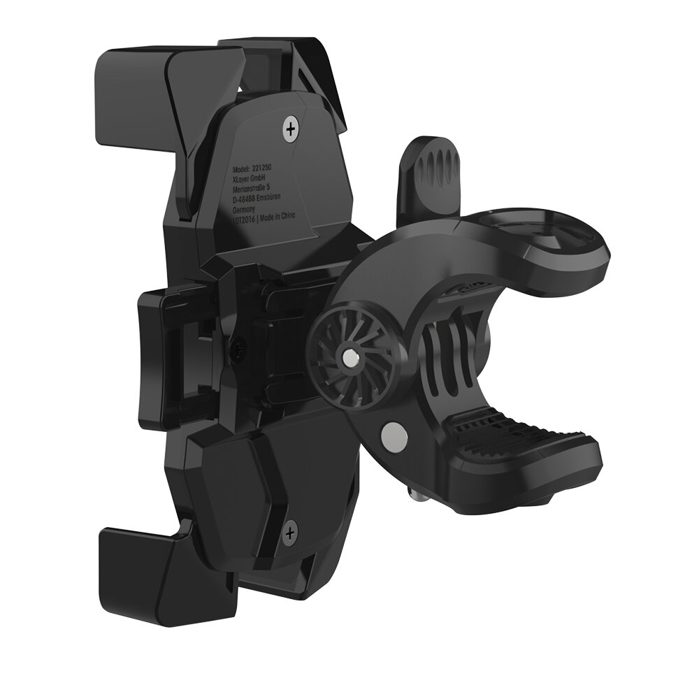 Ein schwarzer Handyhalter mit Klemmmechanismus und Einstellrad.