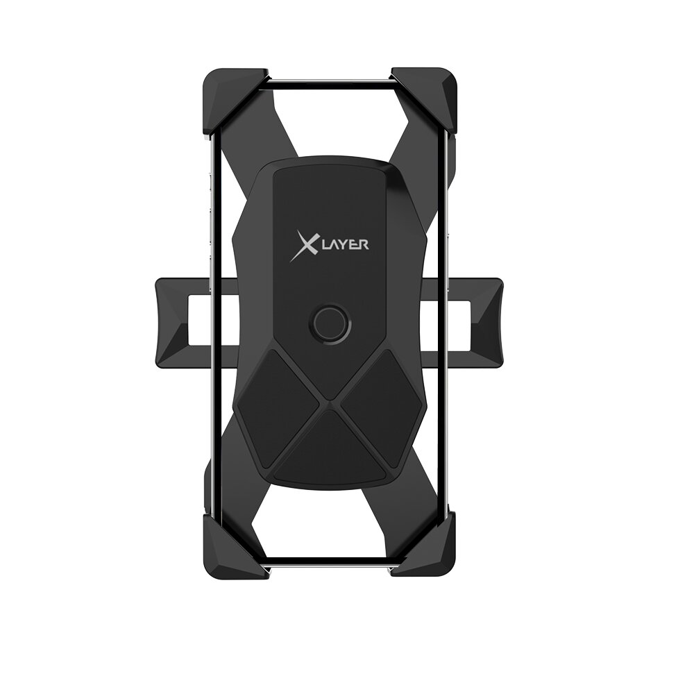 Ein schwarzer Handyhalter mit dem Logo XLayer.