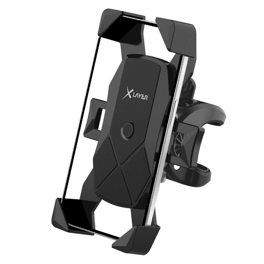 Schwarzer Handyhalter mit XLayer-Logo, verstellbar für verschiedene Gerätegrößen.