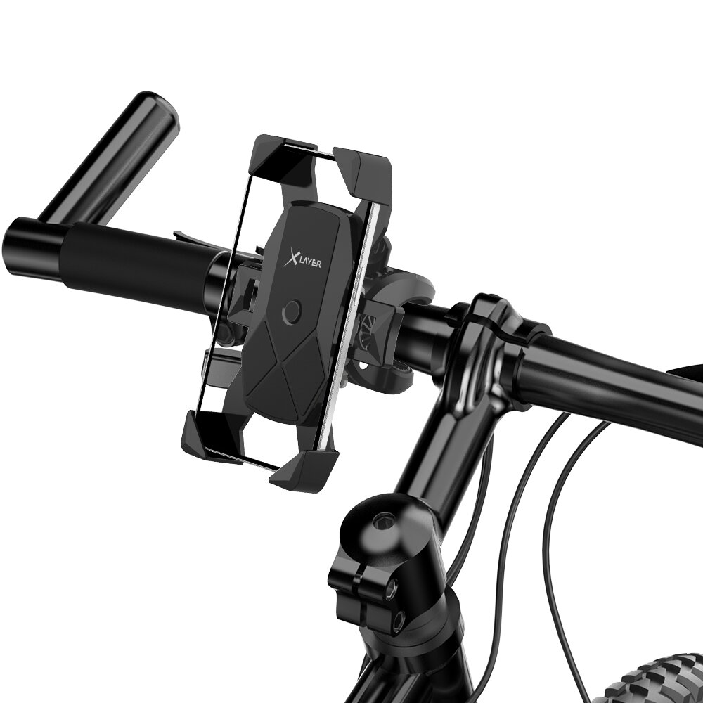 Schwarzer Fahrradlenker mit montierter schwarzer Handyhalterung. Inklusive Griff und Vorbau.