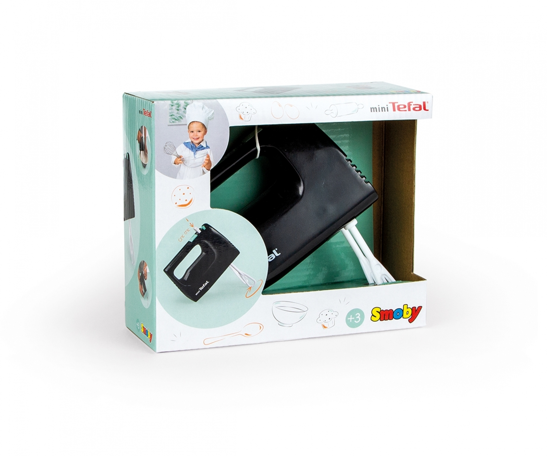 Caja de un mini batidor de mano negro con imagen de un niño con gorro de chef.
