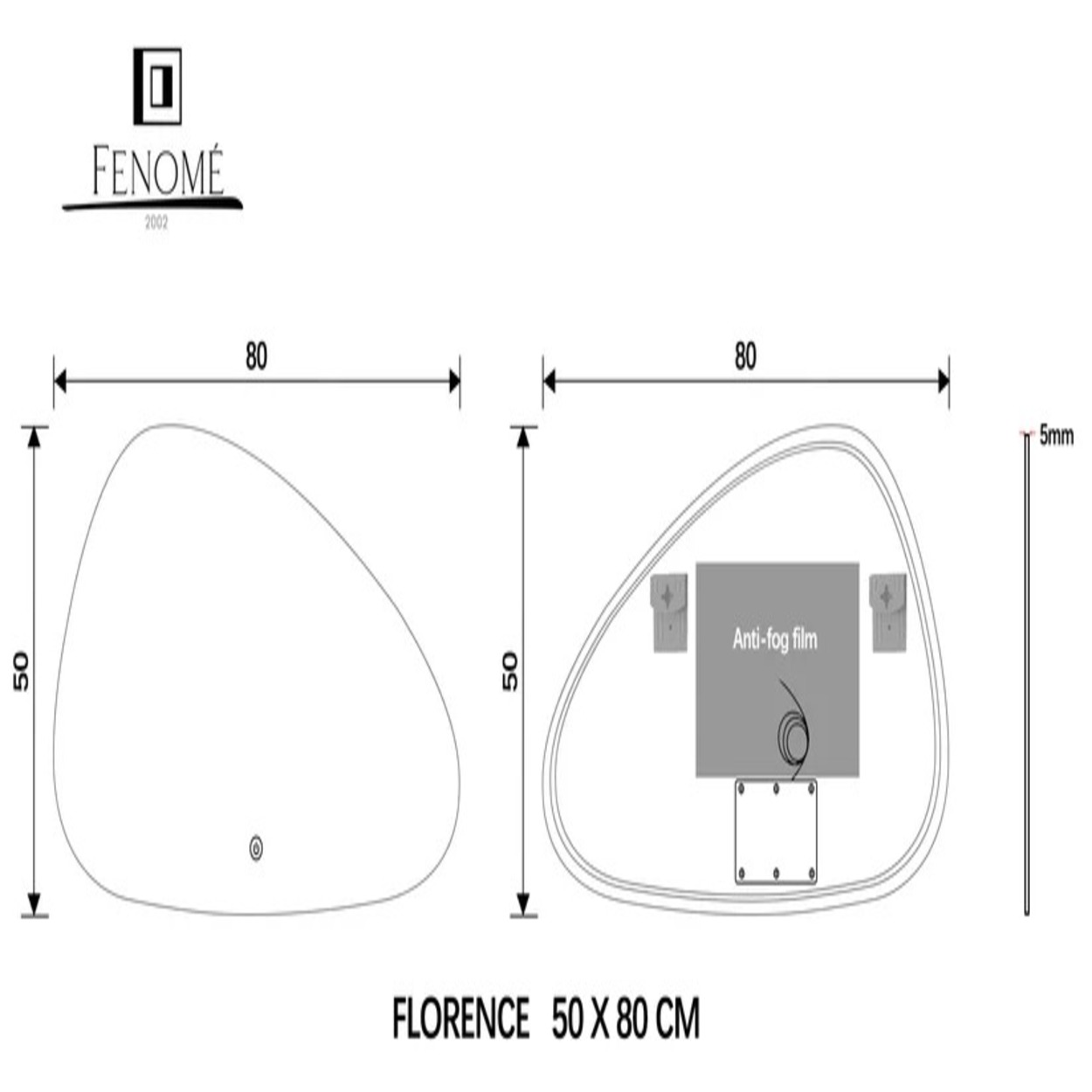 Technische tekening van een spiegel van 50x80 cm met anti-condensfolie en montagebeugels.
