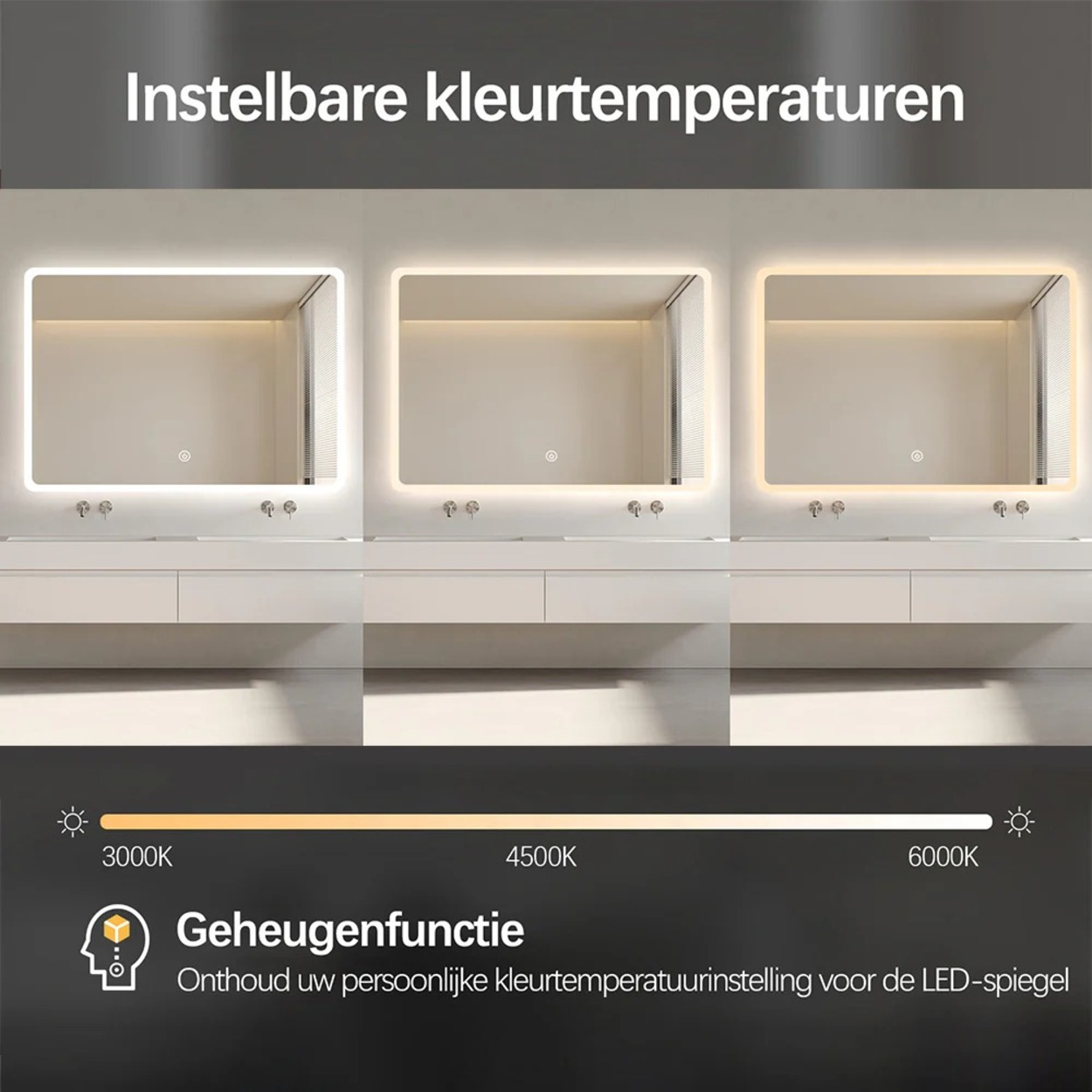 Instelbare kleurtemperaturen: drie spiegels met verschillende lichtkleuren.
