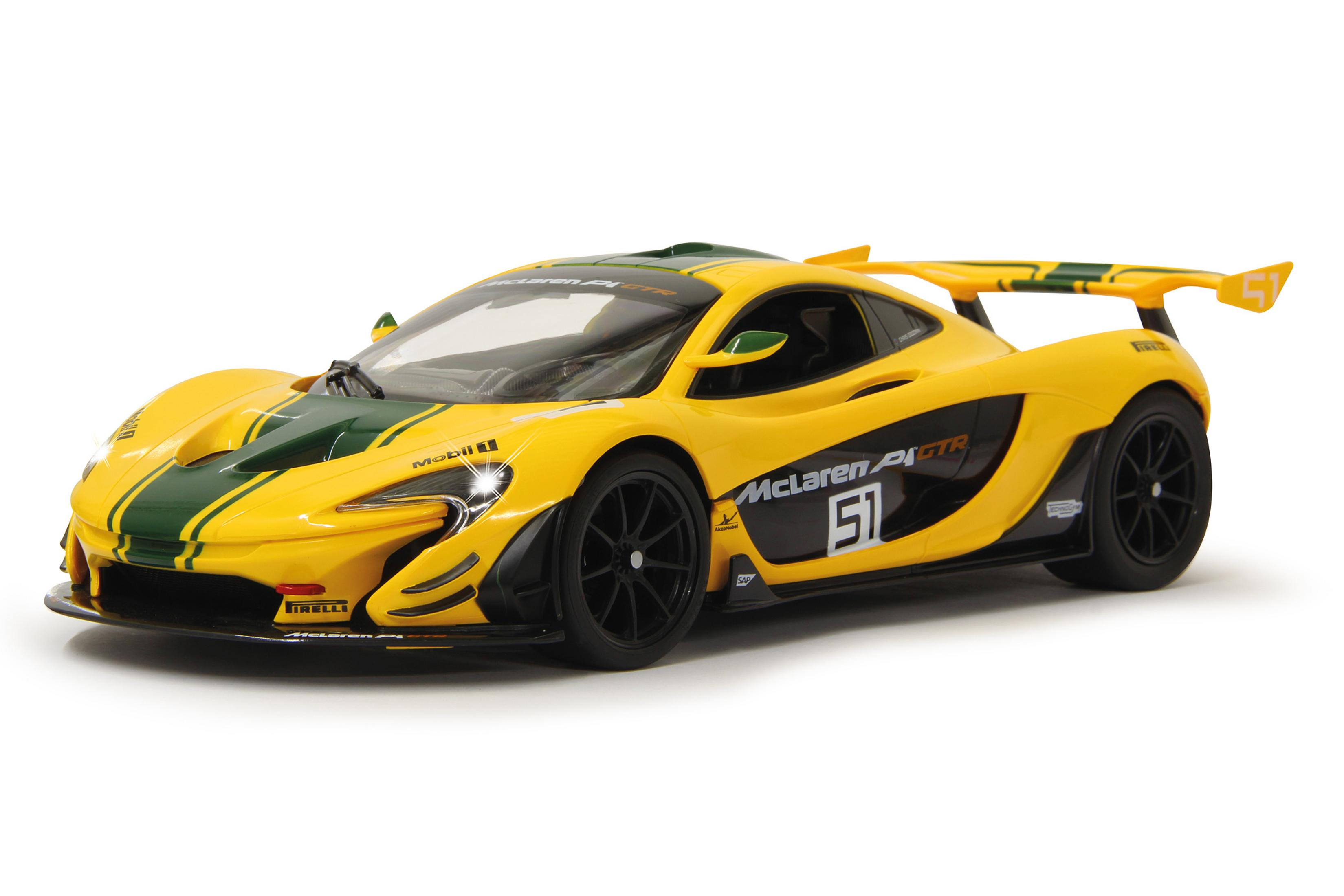 Gelber McLaren P1 GTR mit grünen Streifen, Nummer 51, auf weißem Hintergrund.