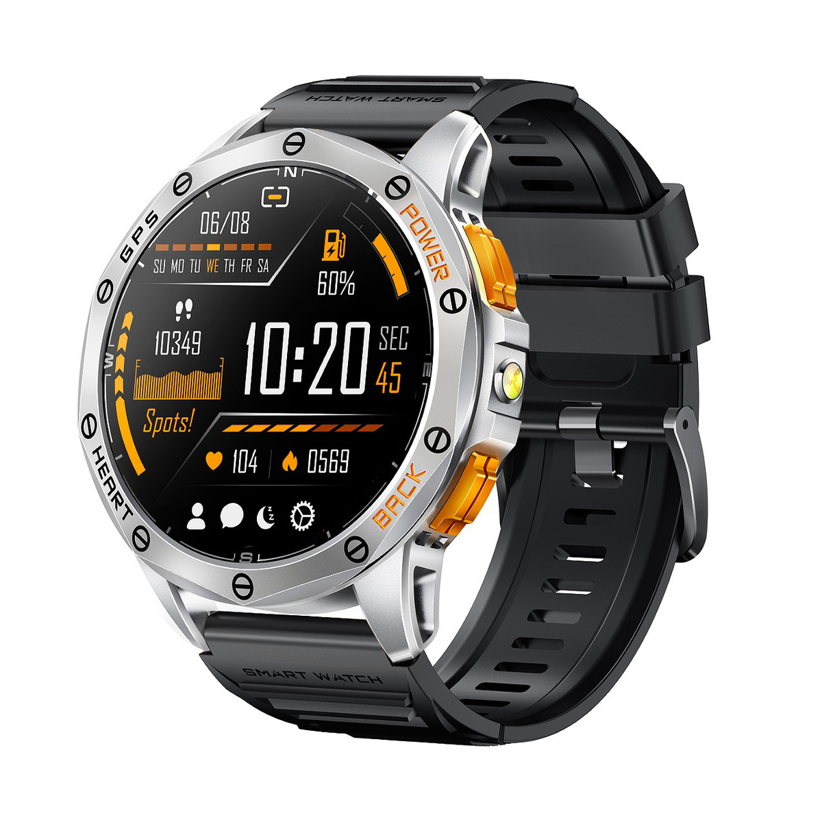 Srebrno-czarny smartwatch z pomarańczowym bezelem i czarnym paskiem pokazuje 10:20.