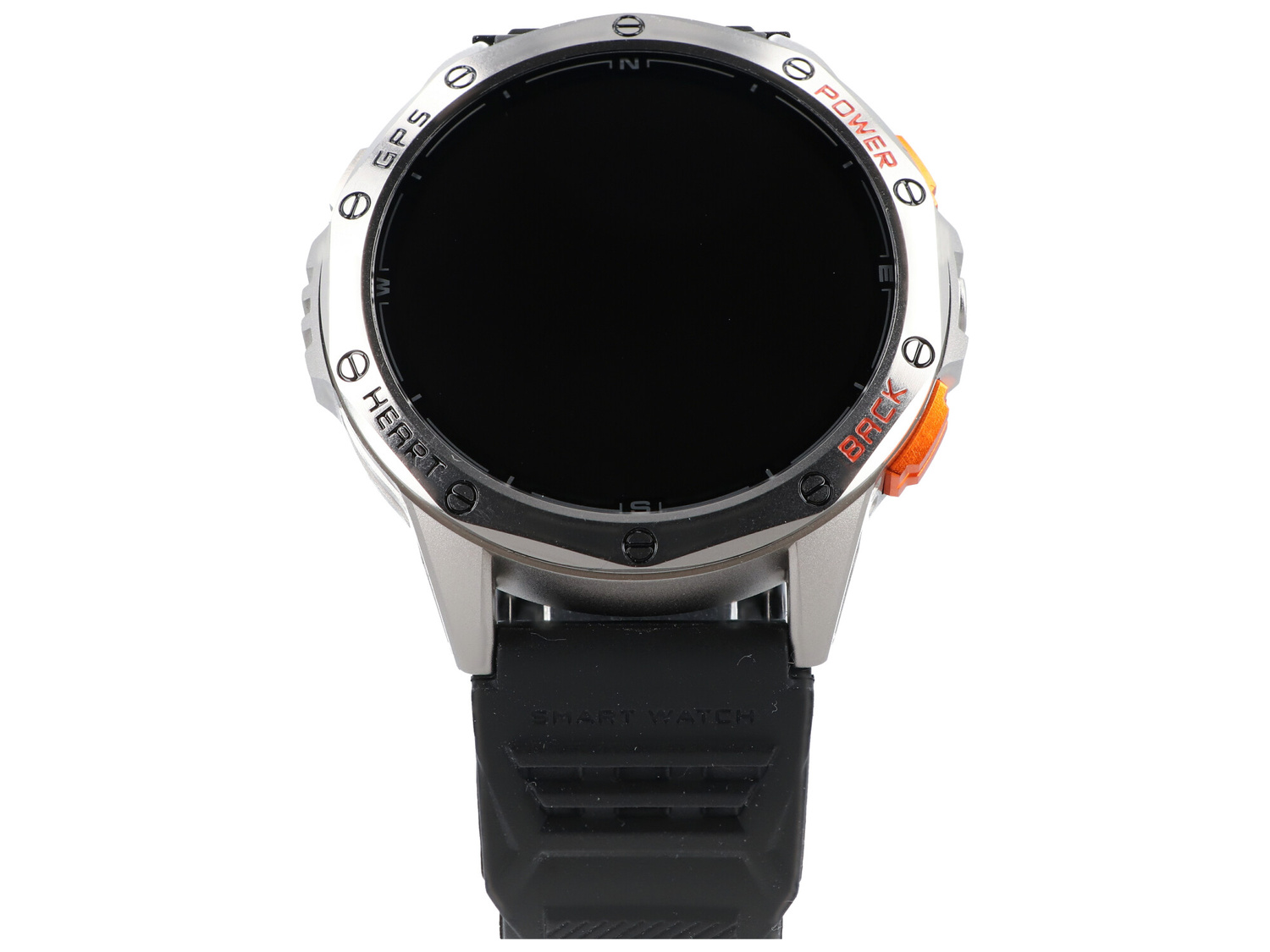 Szary smartwatch z czarnym paskiem i pomarańczowymi przyciskami. Opisy: GPS, Heart, Power, Back.