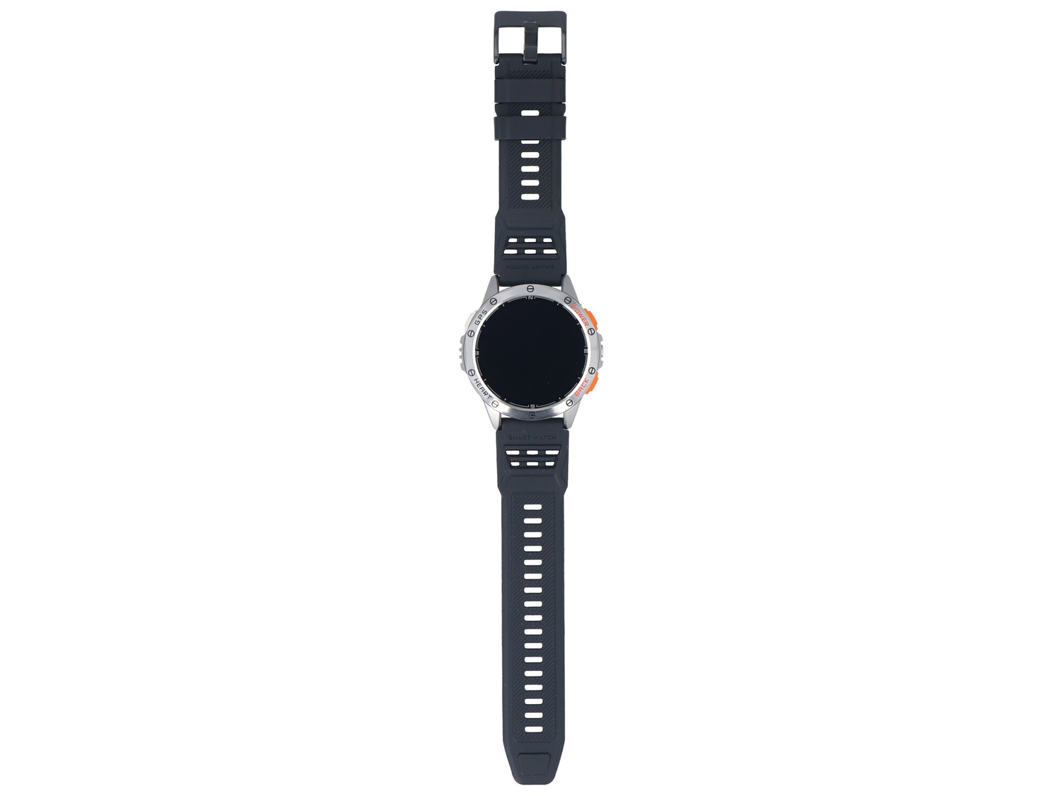 Ciemny smartwatch z srebrną kopertą i pomarańczowymi akcentami.