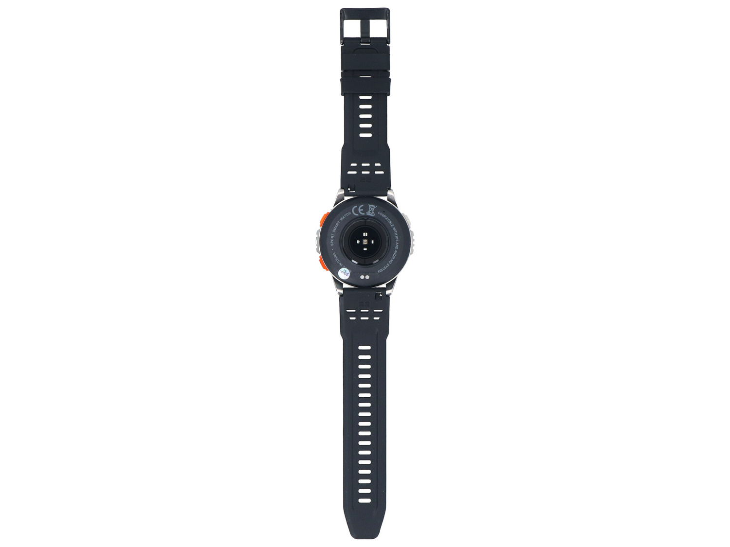 Czarny smartwatch sportowy z okrągłą tarczą, pokazujący czujniki z tyłu.