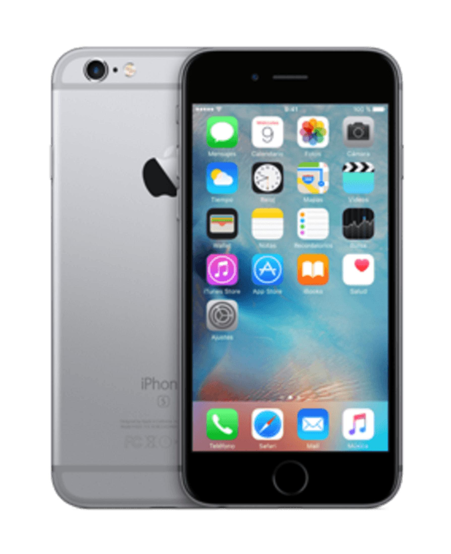 Un iPhone 6 argento con schermo nero mostra icone di app.
