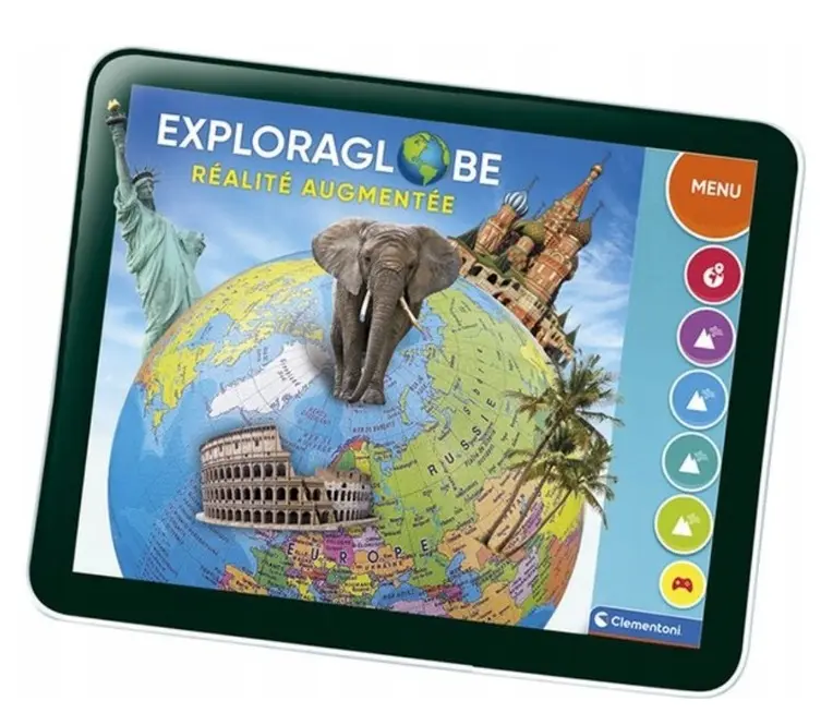 Tablet wyświetla mapę świata z Statuą Wolności, słoniem, Koloseum i Katedrą św. Bazylego.