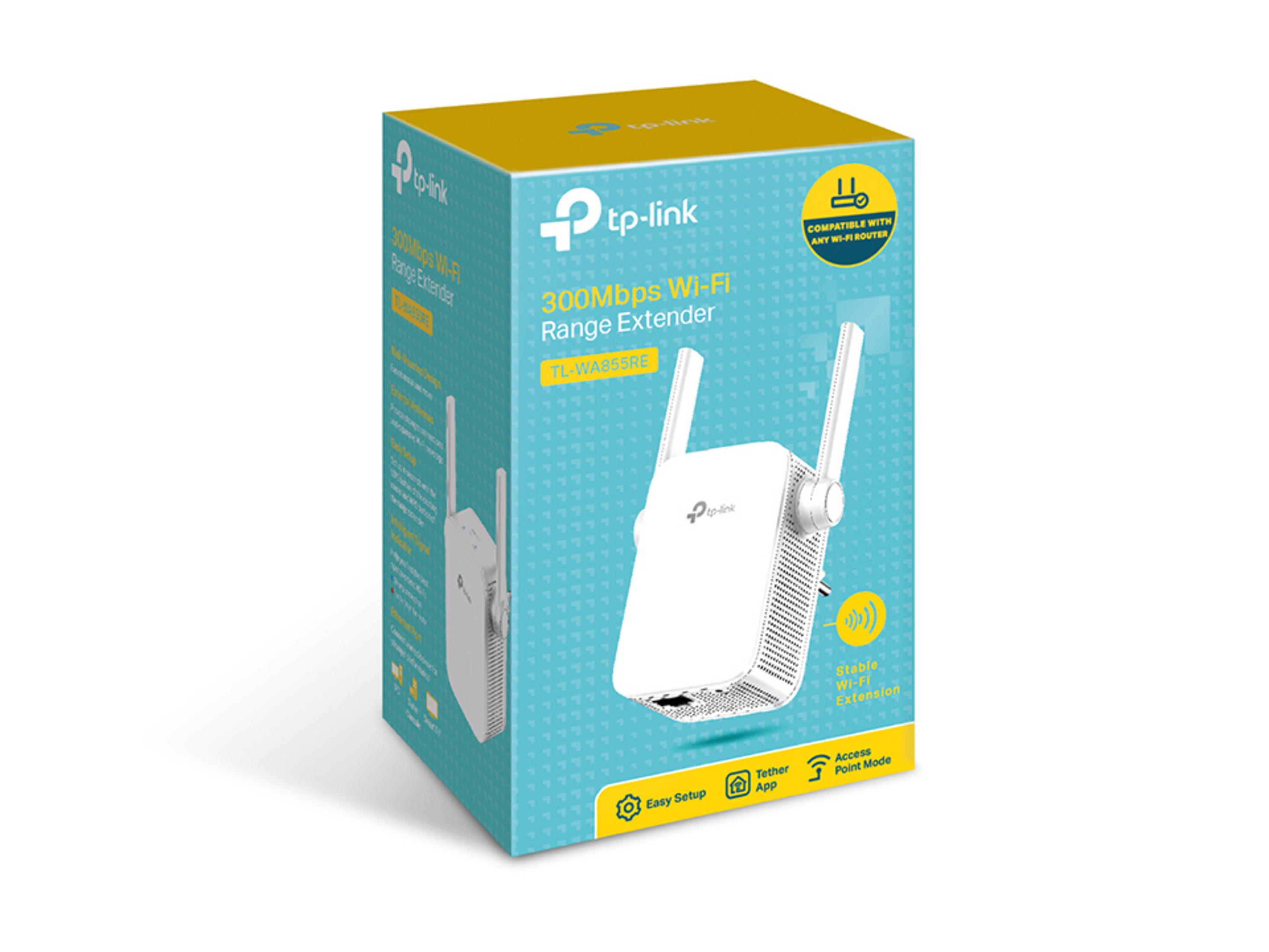 TP-Link Wi-Fi Menzil Genişletici TL-WA855RE mavi kutuda, antenli.