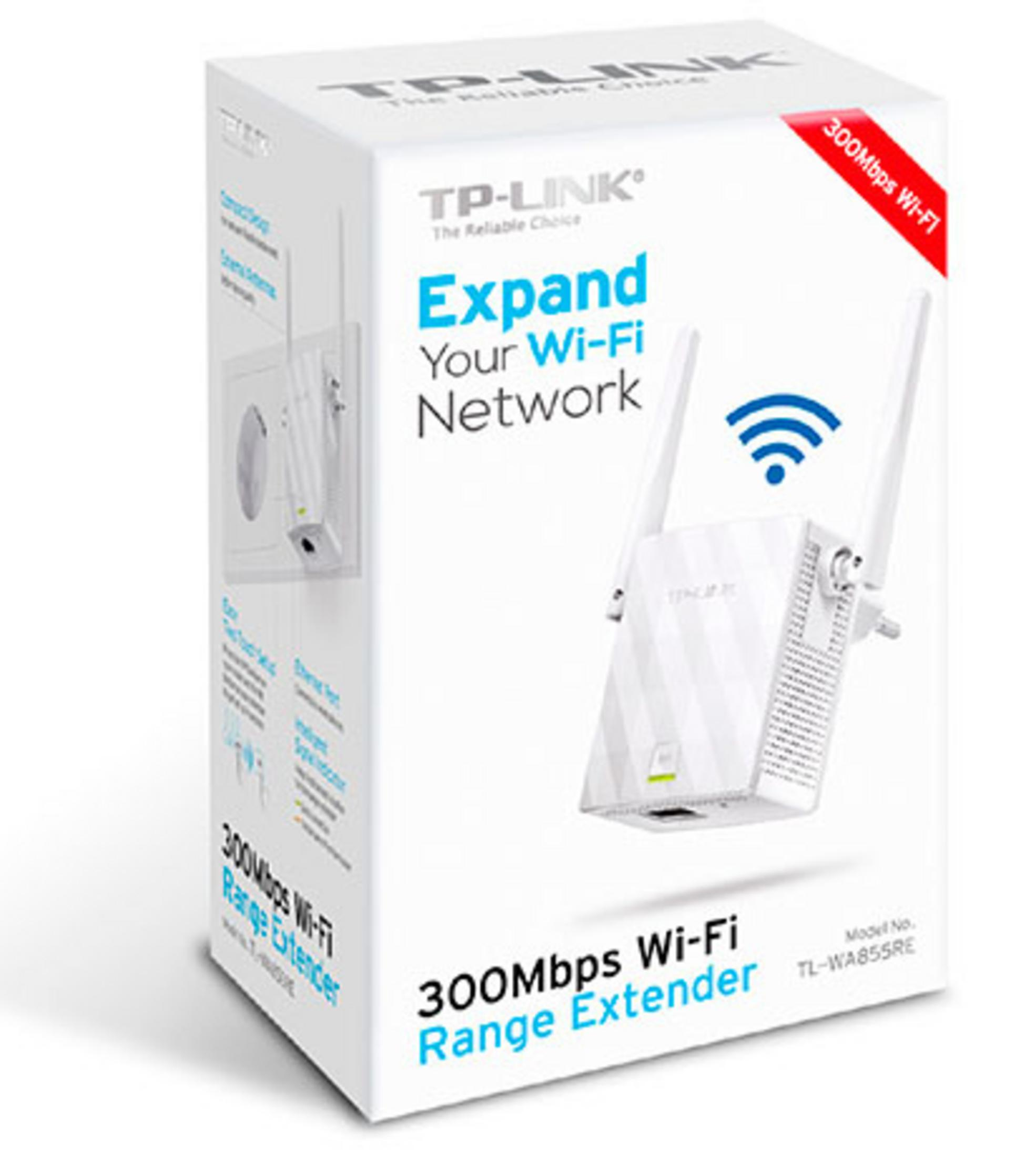 TP-Link Wi-Fi menzil genişletici beyaz kutusu, ürün ve metin gösteriyor.