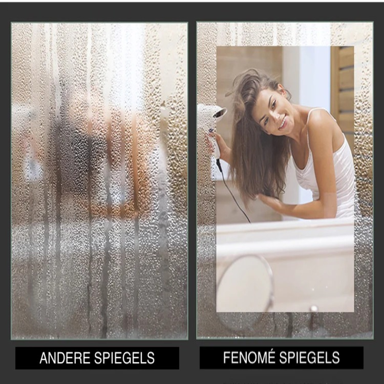 Beslagen glas vs. helder glas met vrouw die haar föhnt.