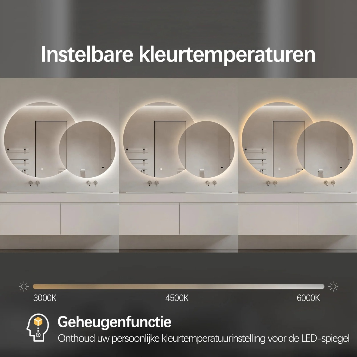 Badkamerspiegel met instelbare LED-verlichting in verschillende kleurentemperaturen.