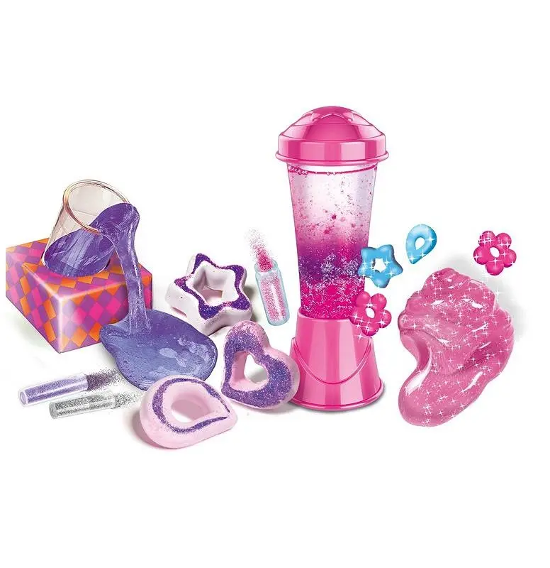 Glitzerndes Schleim-Set mit pinkem Mixer, Formen, Glitzer und lila Schleim.