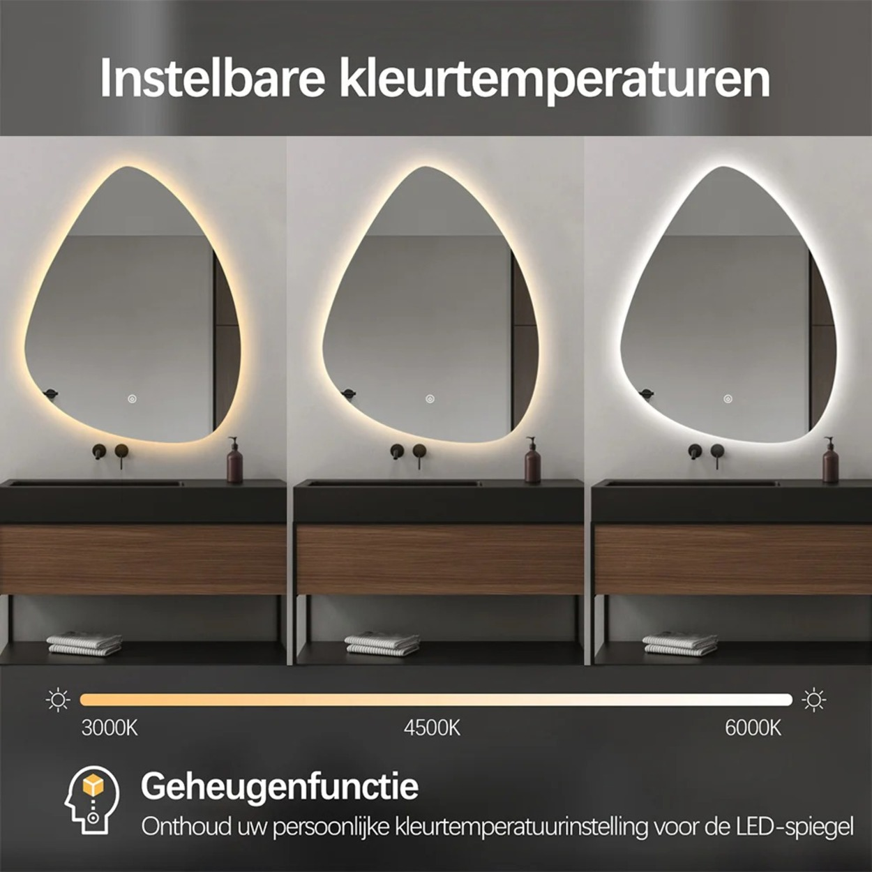 Drie spiegels met LED-verlichting tonen verschillende kleurtemperaturen: warm, neutraal, koel wit.