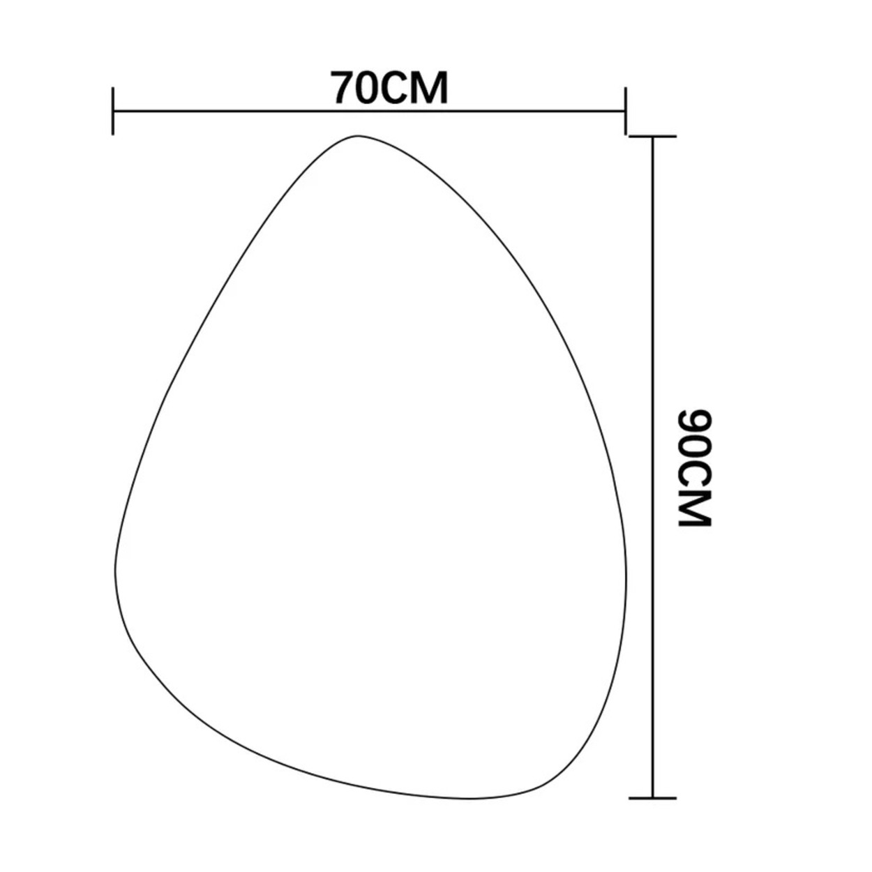 Een onregelmatige vorm met afmetingen van 70 cm bij 90 cm.