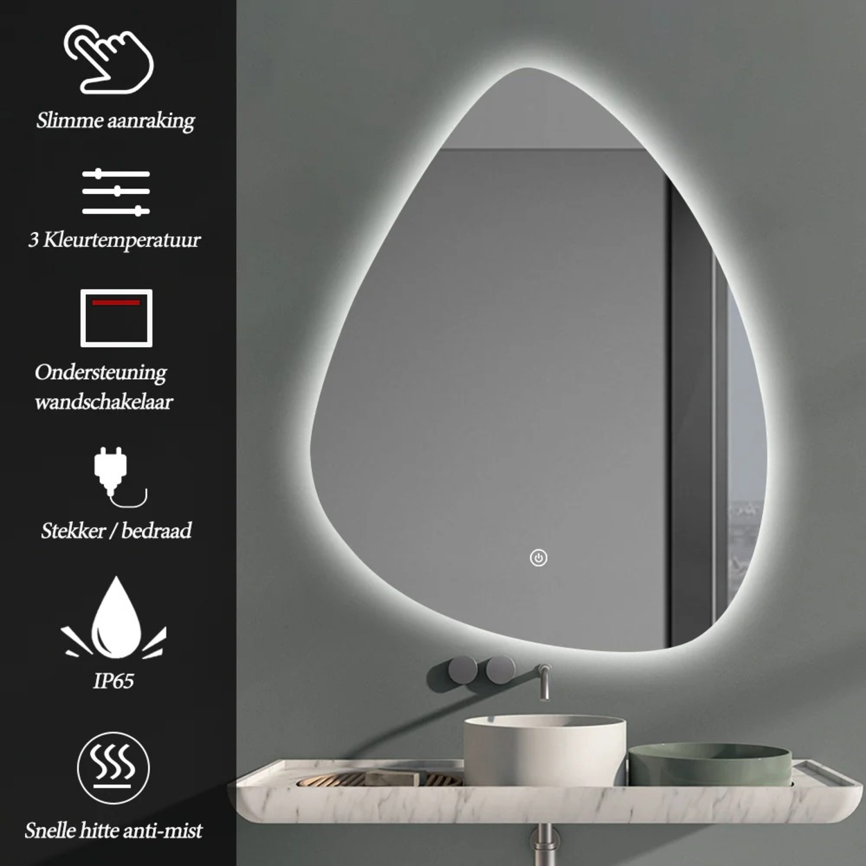 Een ovale spiegel met LED-verlichting boven een wastafel en marmeren plank.
