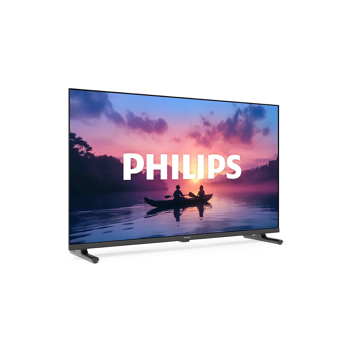 Telewizor Philips wyświetla scenę dwóch osób w łodzi o zachodzie słońca.