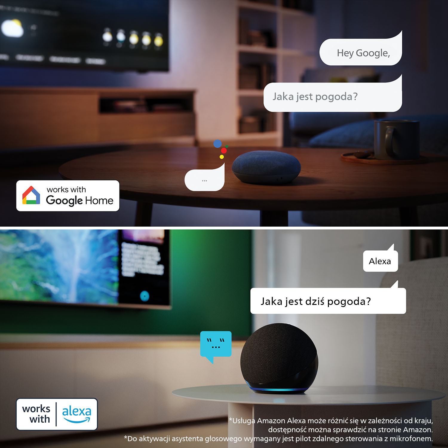 Urządzenia Google Home i Alexa na stołach, pytające o pogodę.