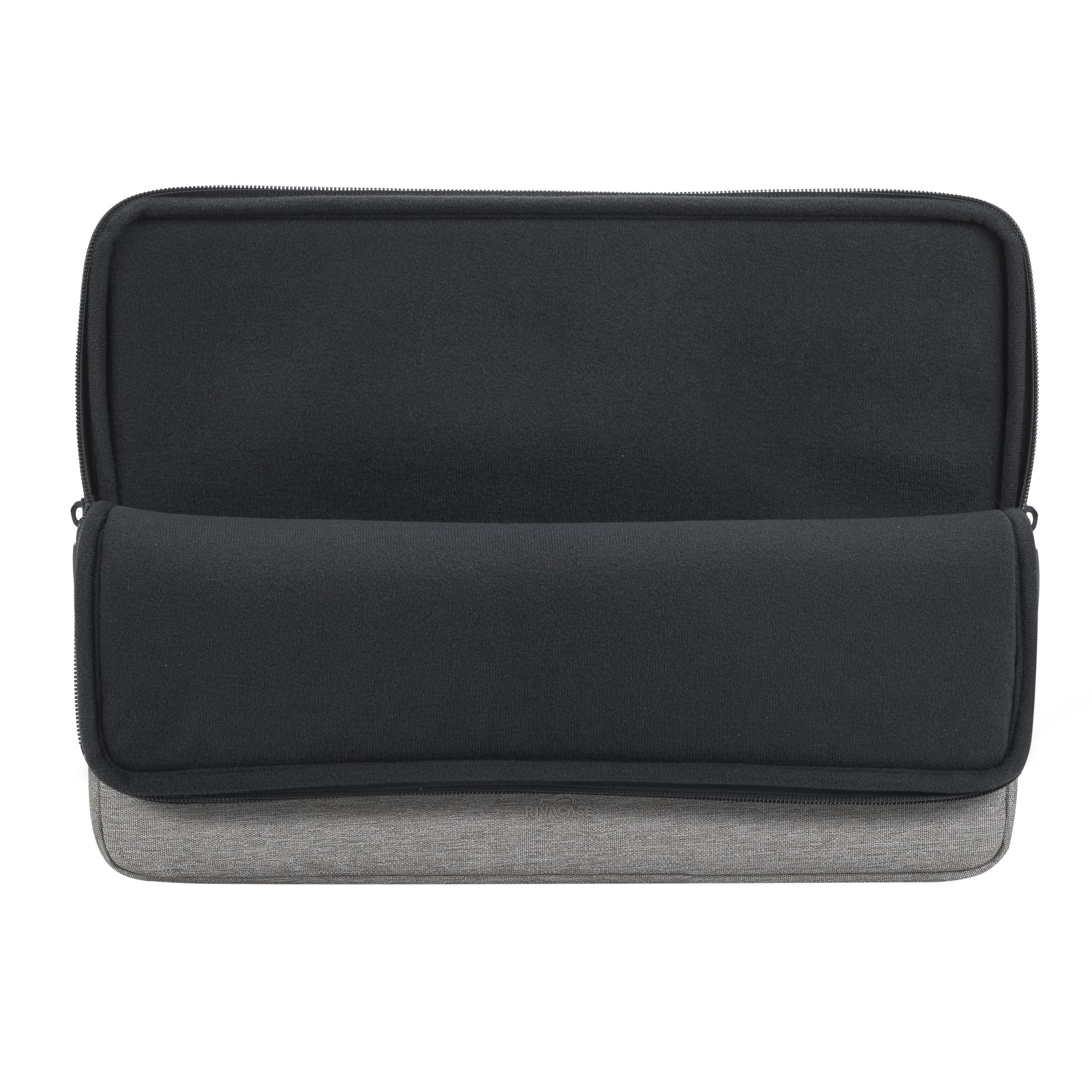 Una funda de portátil abierta, gris y negra, con cremallera.
