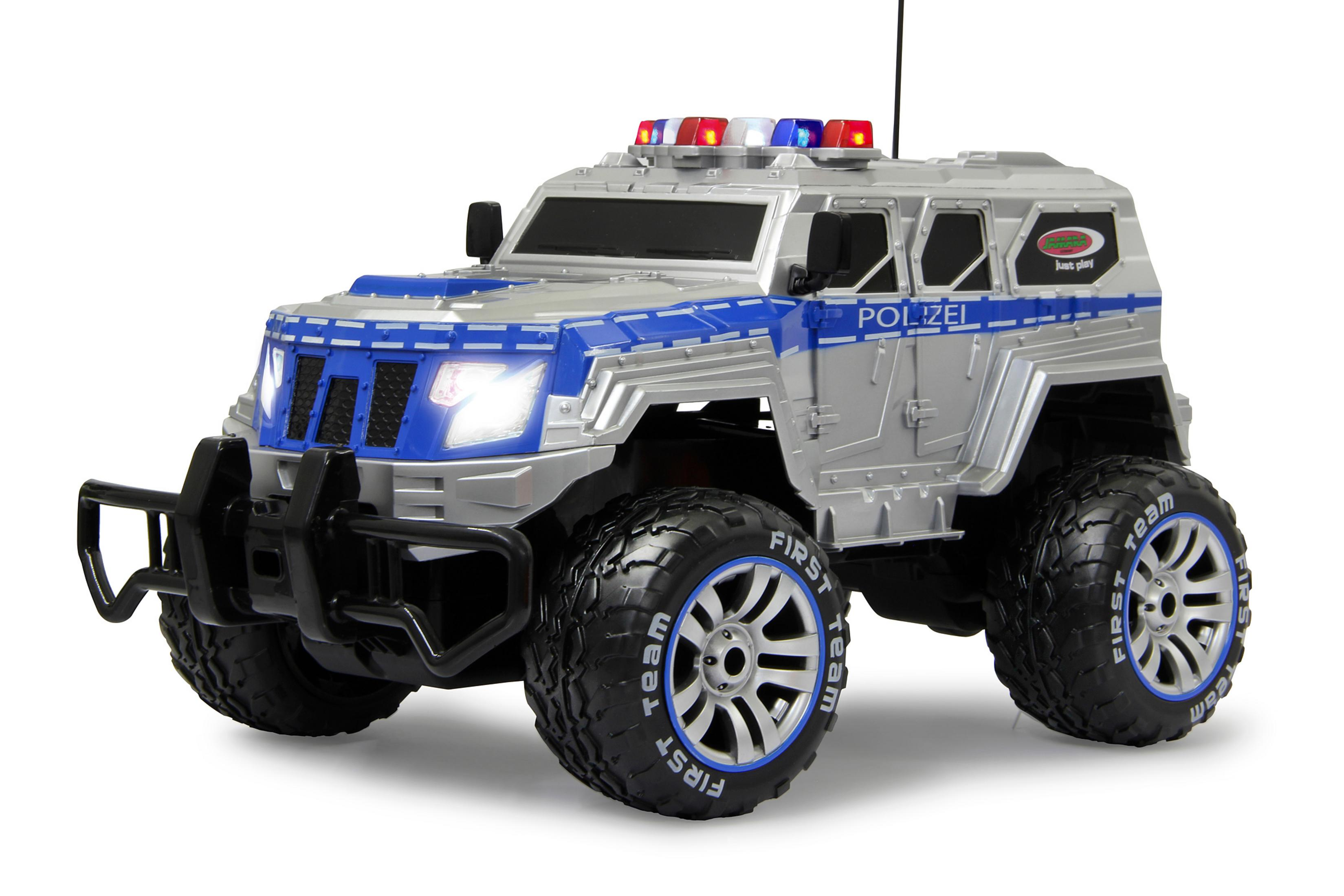 Ein silberner Spielzeug-Polizeiwagen mit blauen Streifen und blinkenden Lichtern.
