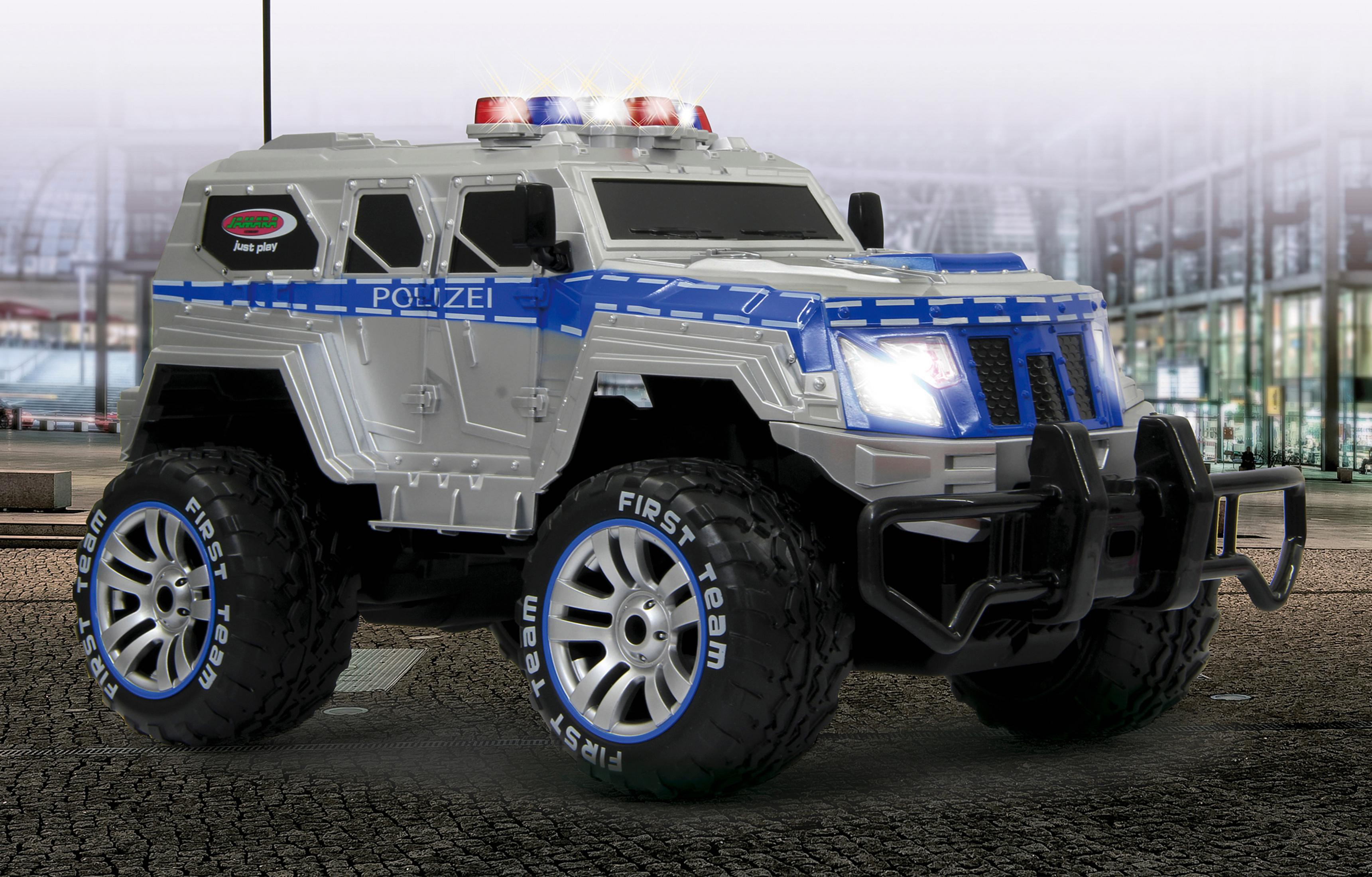 Silbernes Polizei-Spielzeugauto mit blauen Streifen und Blaulicht.