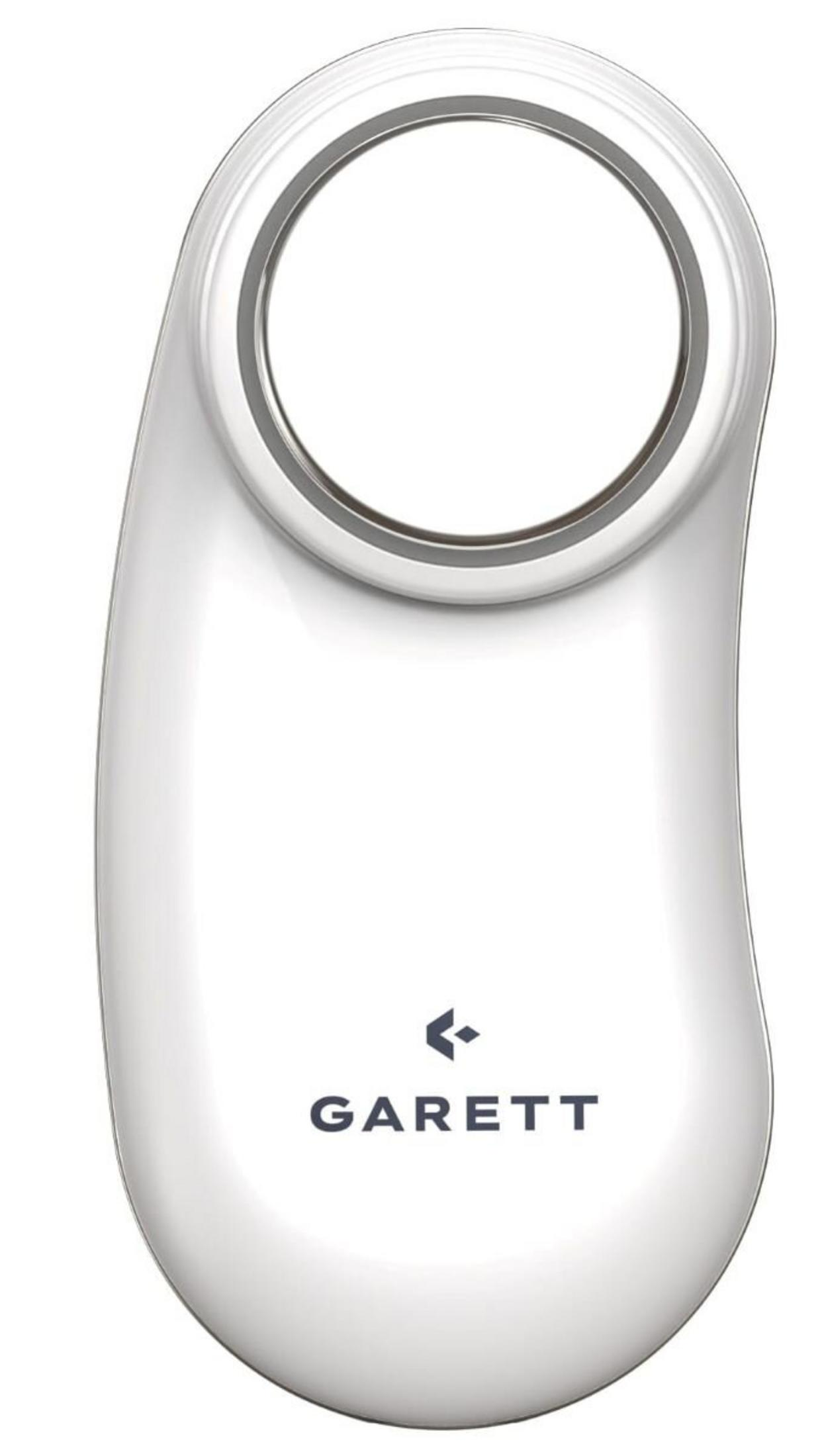 Ein weißes Garett-Gerät mit einem kreisförmigen Ausschnitt und dem Logo oben.