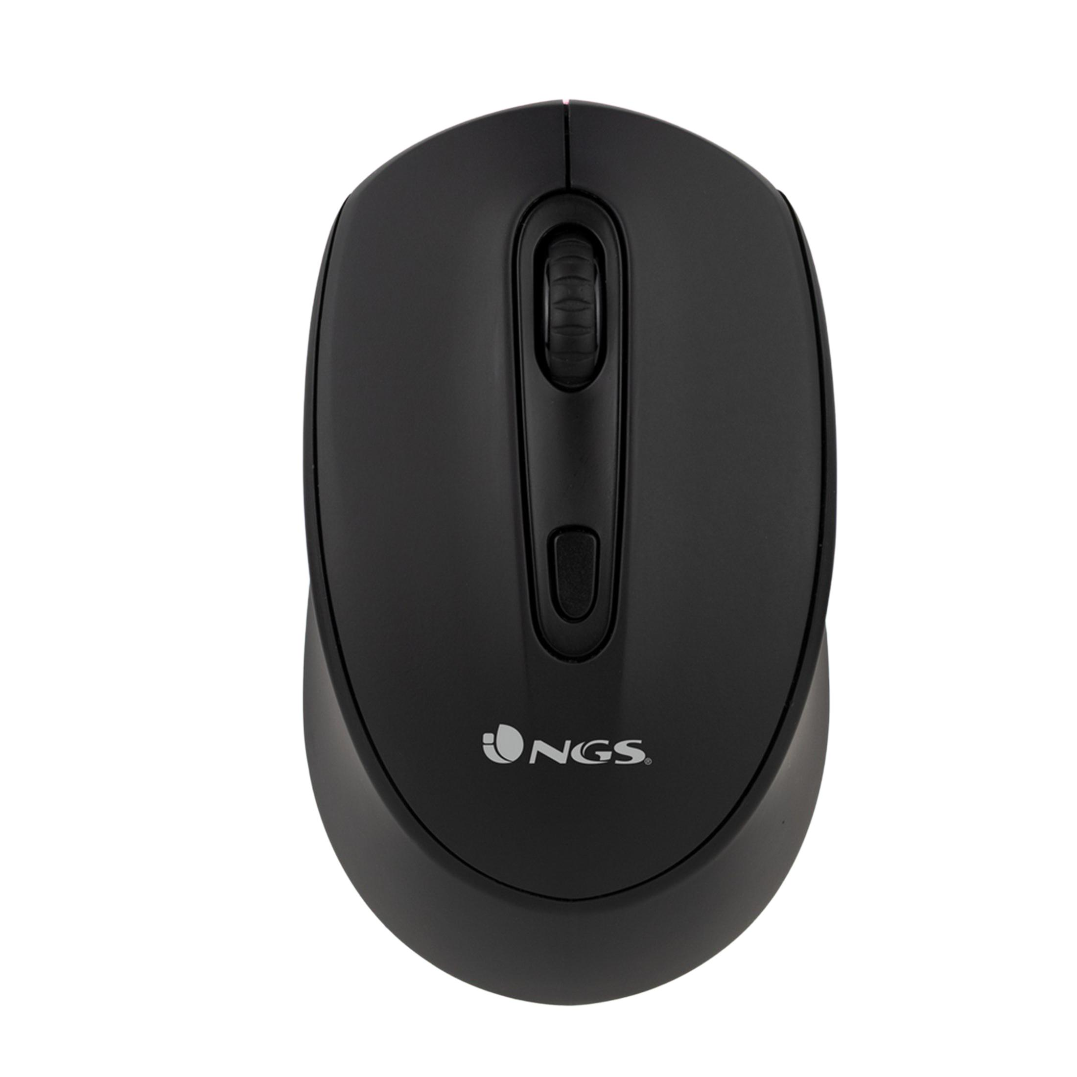 Mouse per computer NGS nero con rotellina di scorrimento e pulsanti, su sfondo bianco.