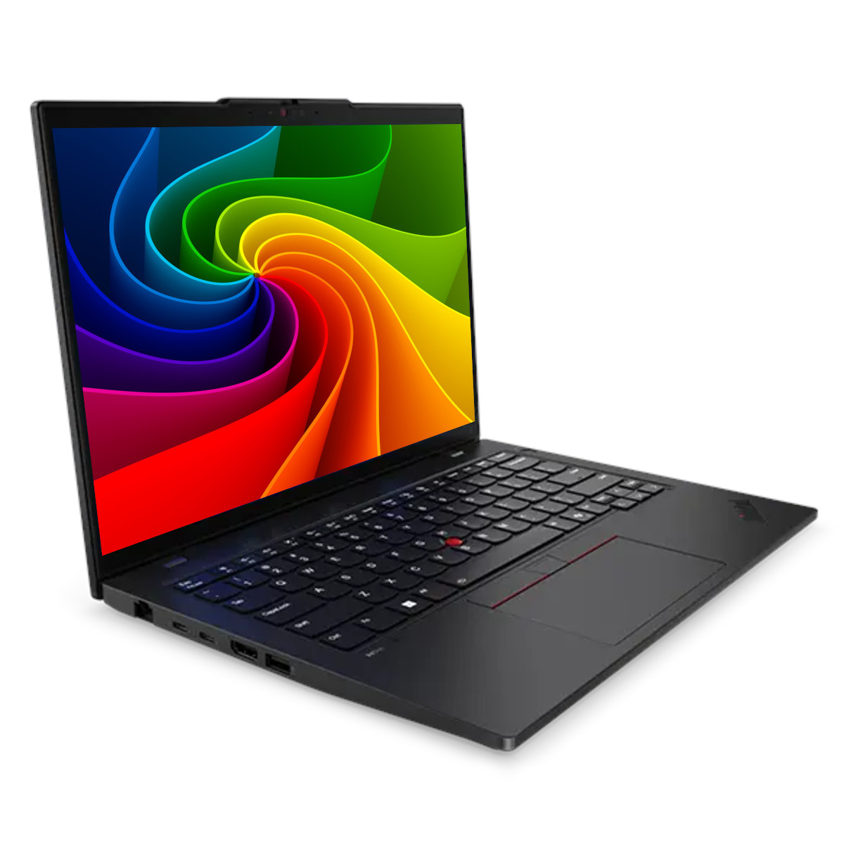 Ein schwarzer Laptop mit einem bunten, wirbelnden Hintergrund auf dem Bildschirm.