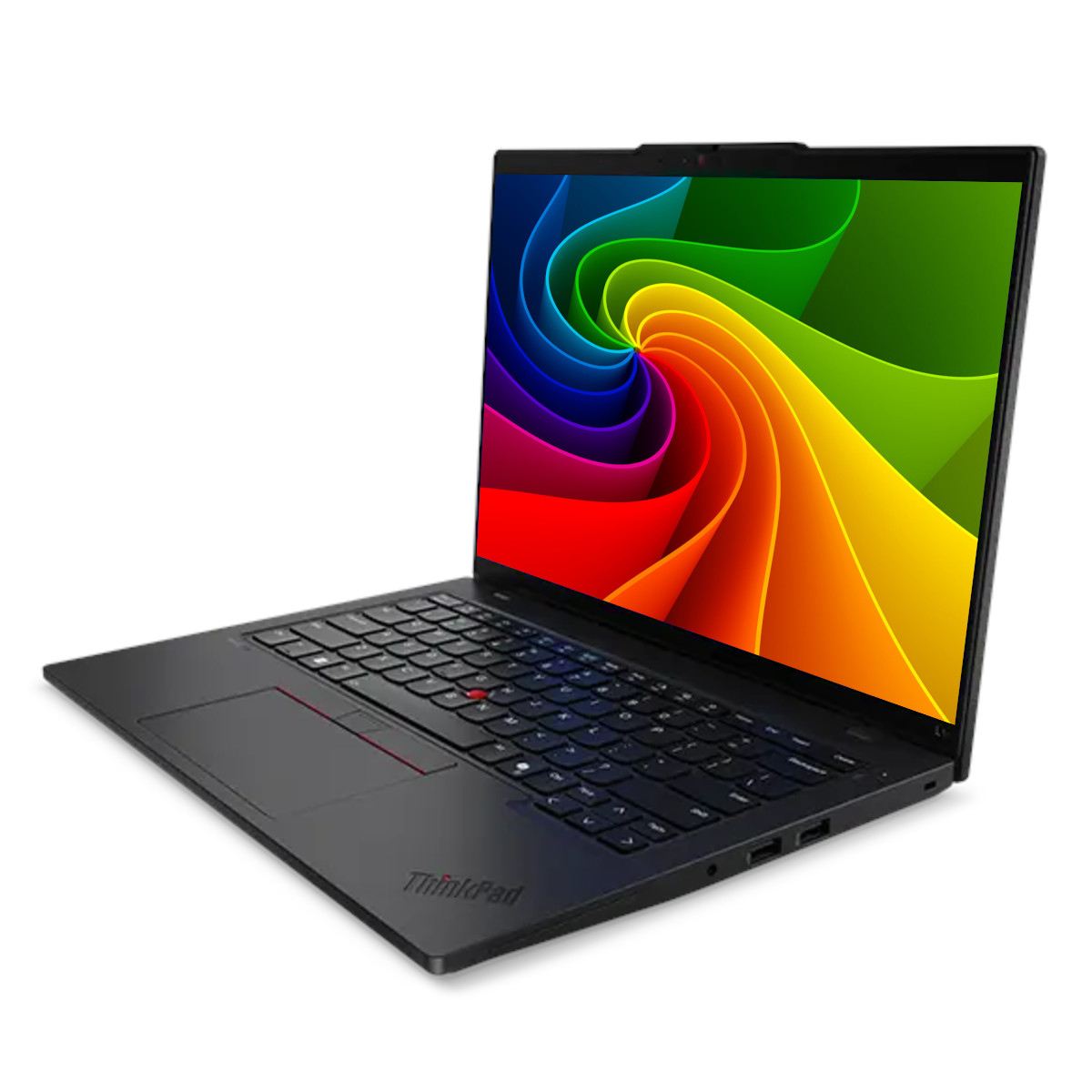 Ein schwarzer Laptop mit einem bunten, wirbelnden Hintergrund auf dem Bildschirm.
