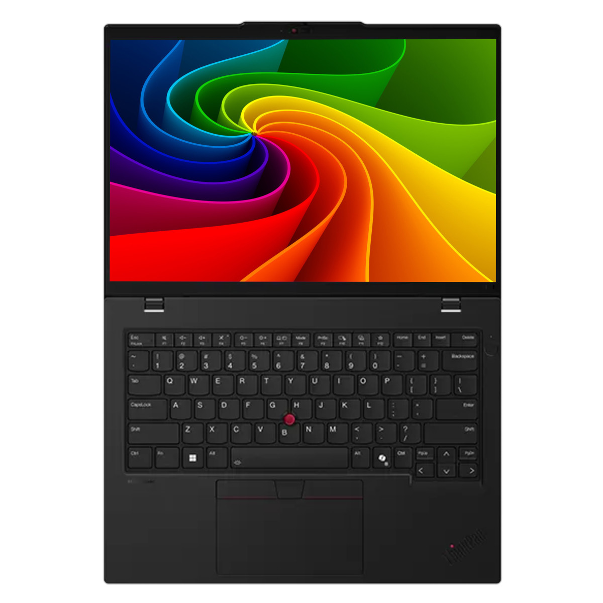 Ein offener schwarzer Laptop mit einem bunten, wirbelnden Hintergrund auf dem Bildschirm.