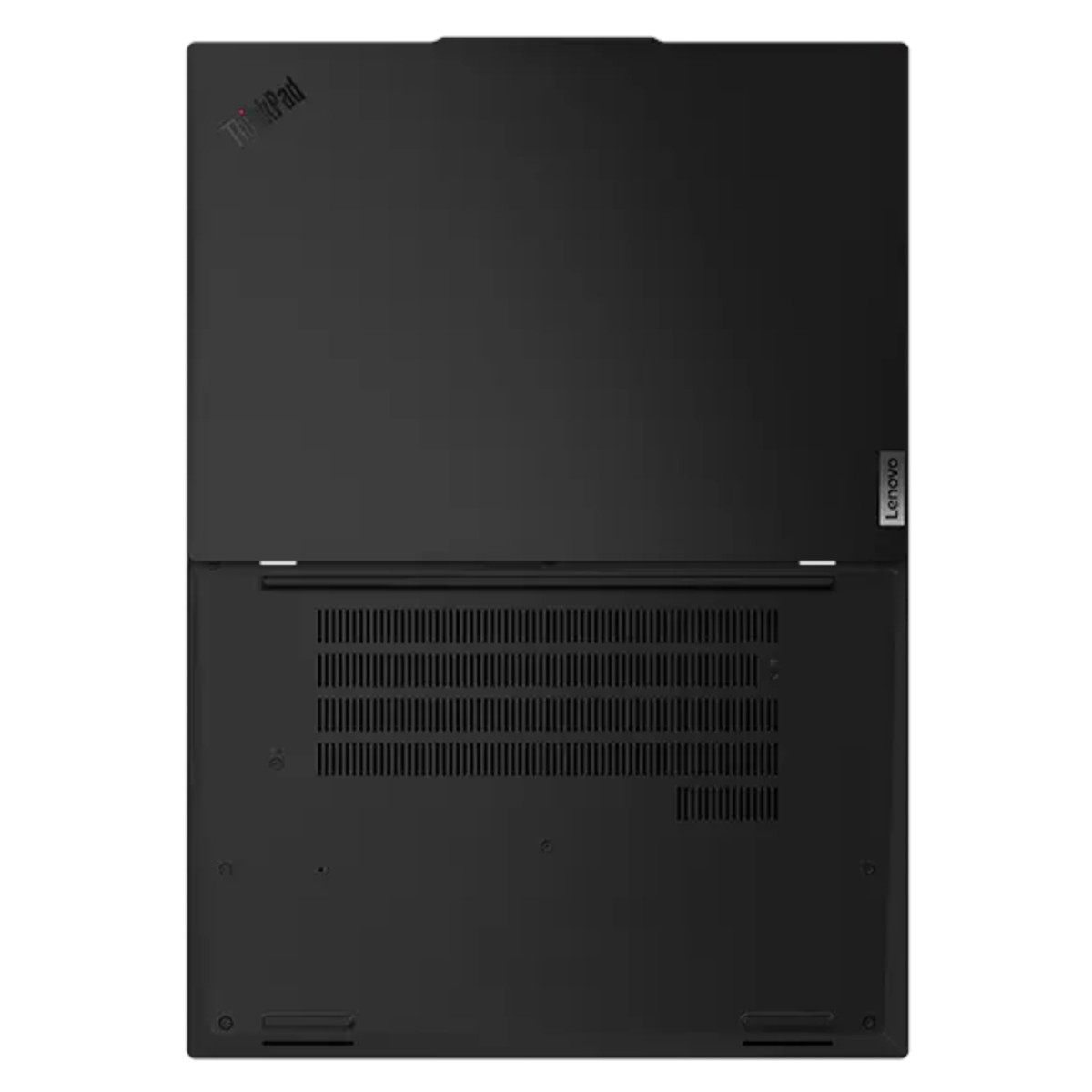 Geschlossener schwarzer Laptop mit ThinkPad- und Lenovo-Logo, Lüftungsschlitzen.