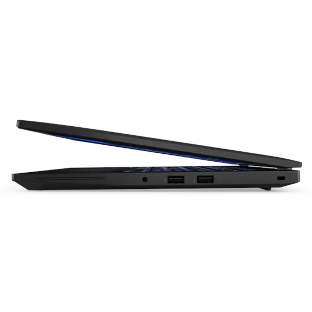 Schwarzer Laptop im Seitenprofil, Bildschirm leicht geöffnet, mit USB-Anschlüssen.