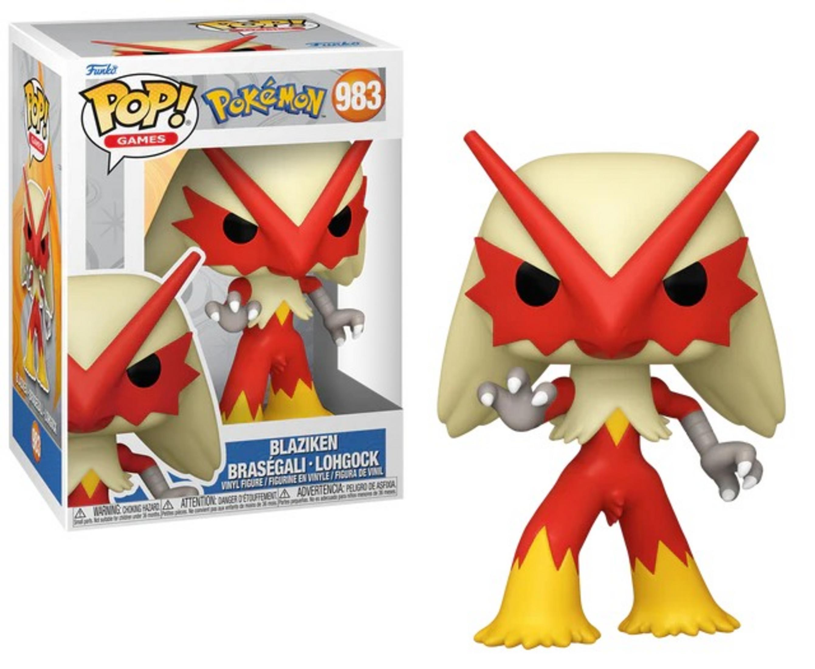 Un giocattolo Funko Pop! di Blaziken nella sua scatola e accanto.